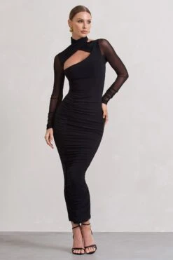 Under Wraps | Black Ruched Cut Out Long-Sleeve Midi Dress