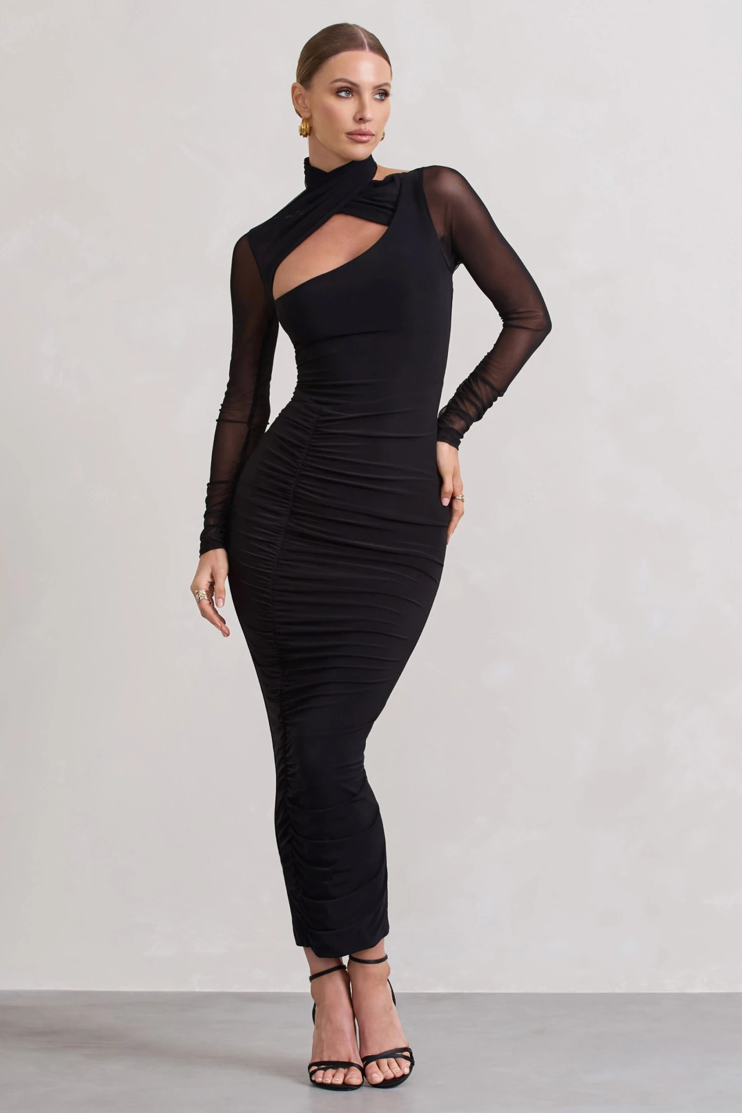 Under Wraps | Black Ruched Cut Out Long-Sleeve Midi Dress