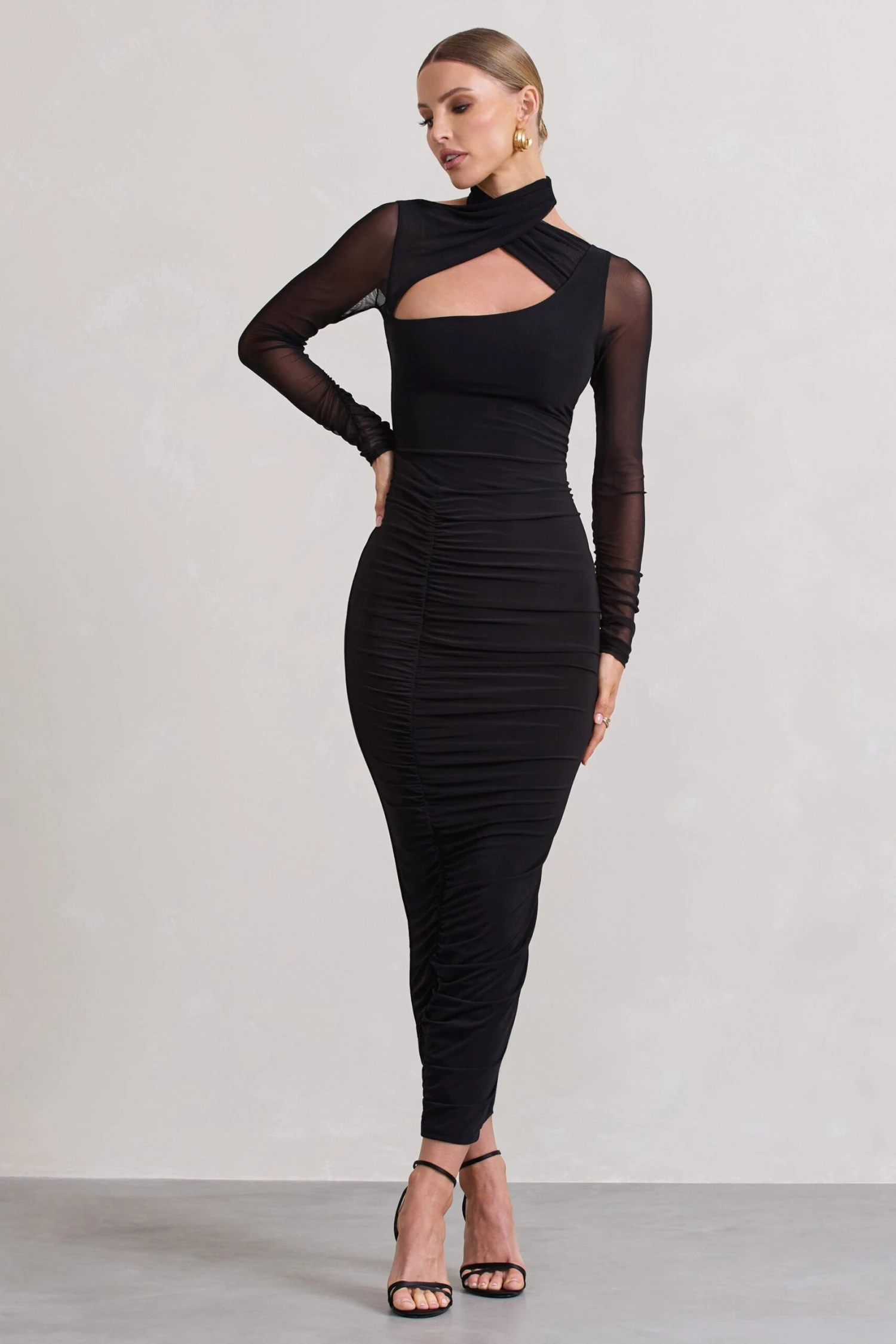 Under Wraps | Black Ruched Cut Out Long-Sleeve Midi Dress - Image 4