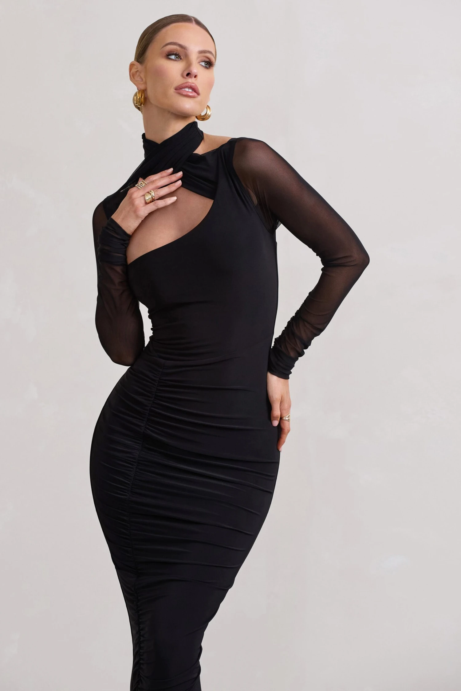 Under Wraps | Black Ruched Cut Out Long-Sleeve Midi Dress - Image 3