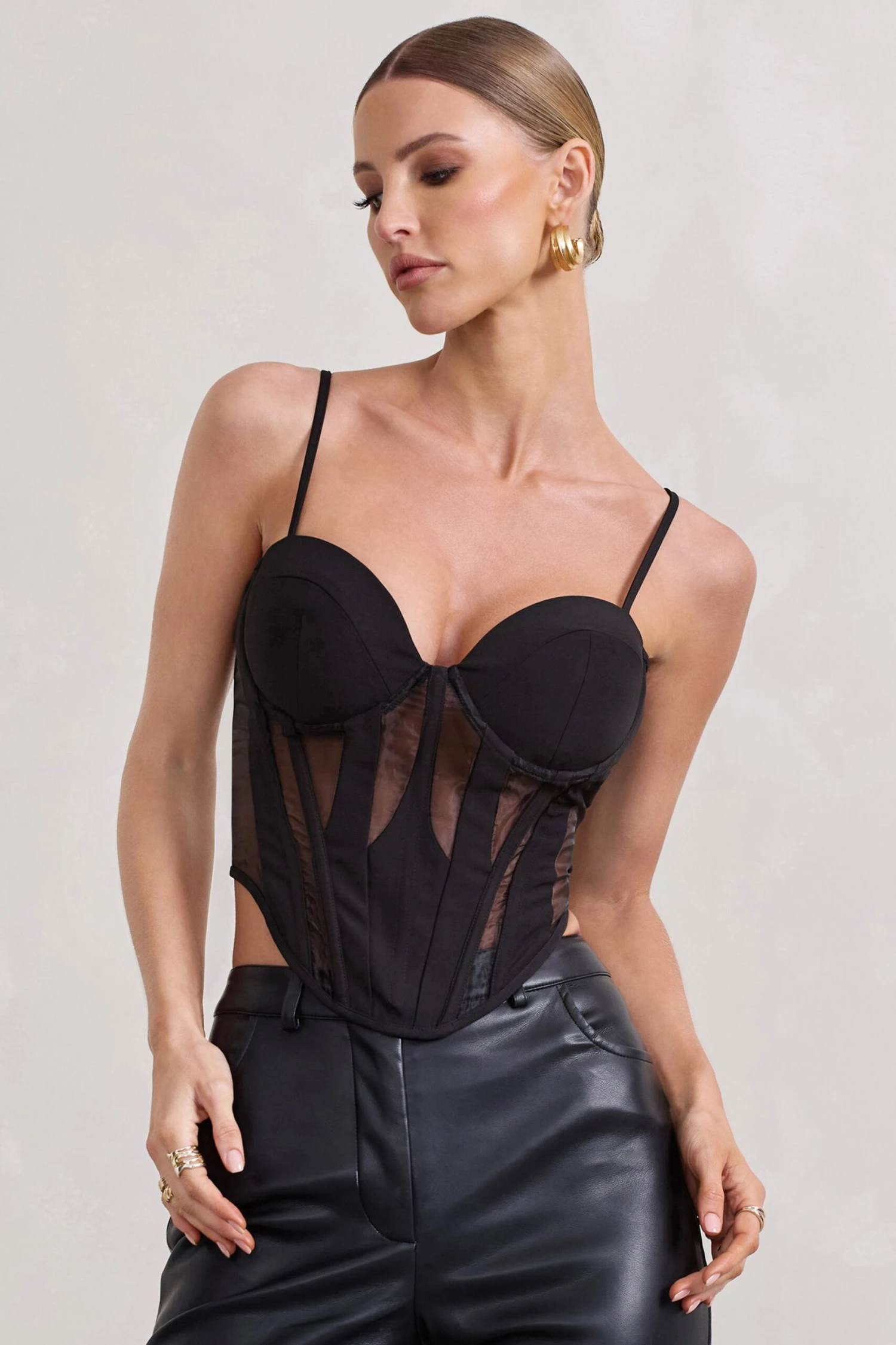 Electra | Black Mesh Panelled Strappy Corset Top - Image 3