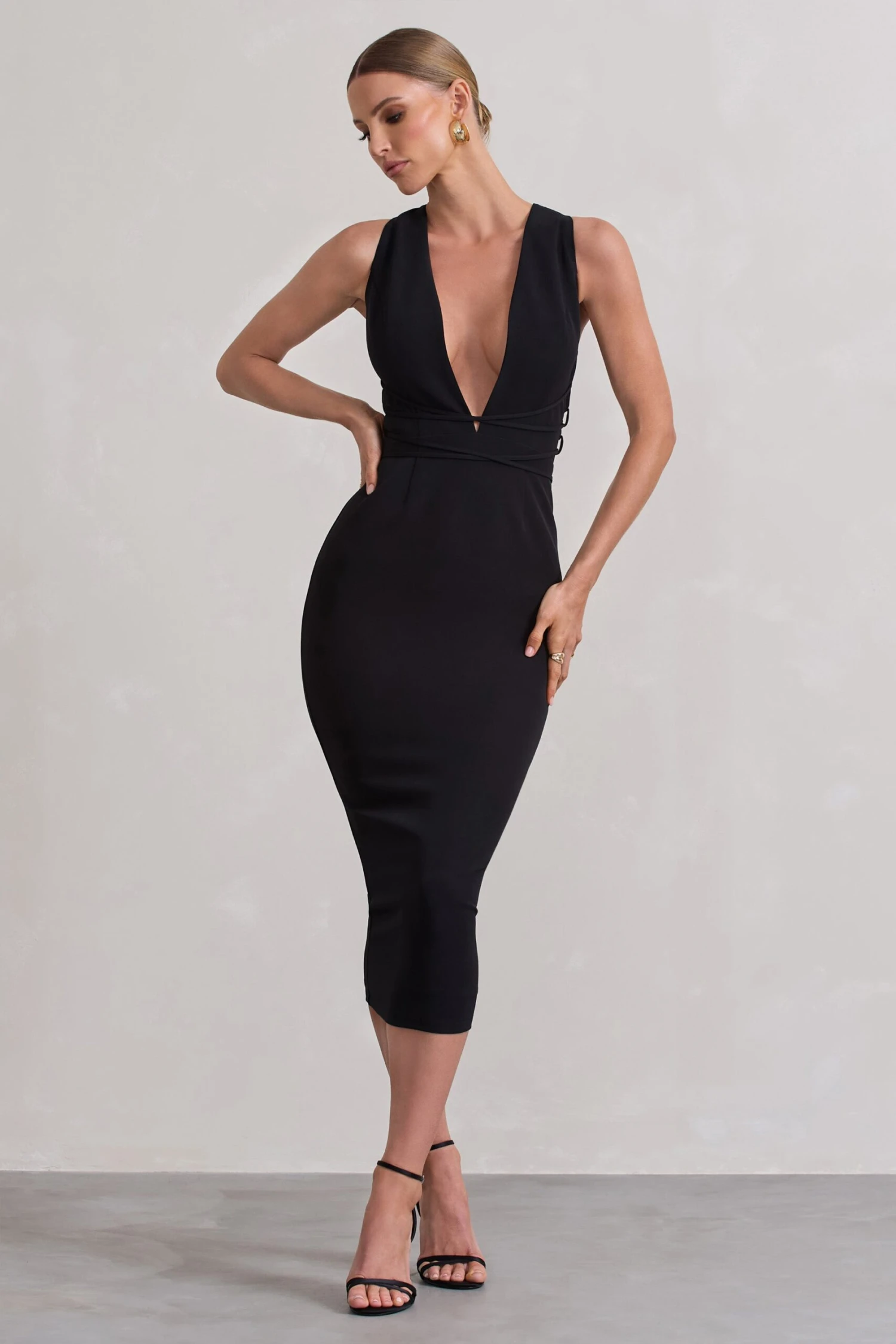 Odessa | Black Plunge Sleeveless Midi Dress With Tie Waist - Image 4