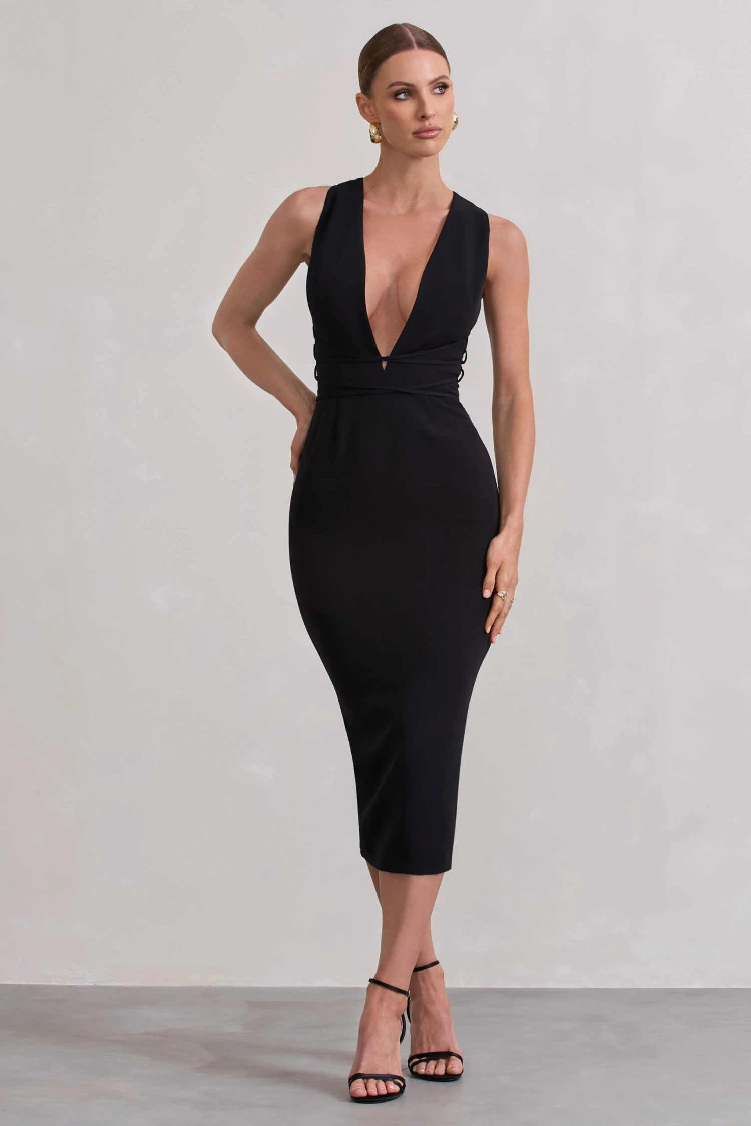 Odessa | Black Plunge Sleeveless Midi Dress With Tie Waist - Image 5