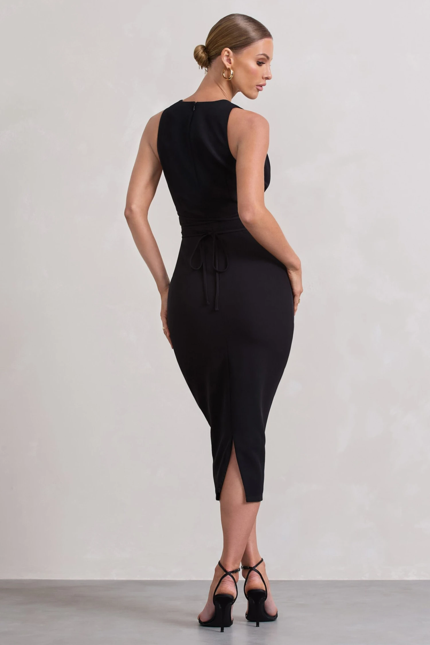 Odessa | Black Plunge Sleeveless Midi Dress With Tie Waist - Image 2
