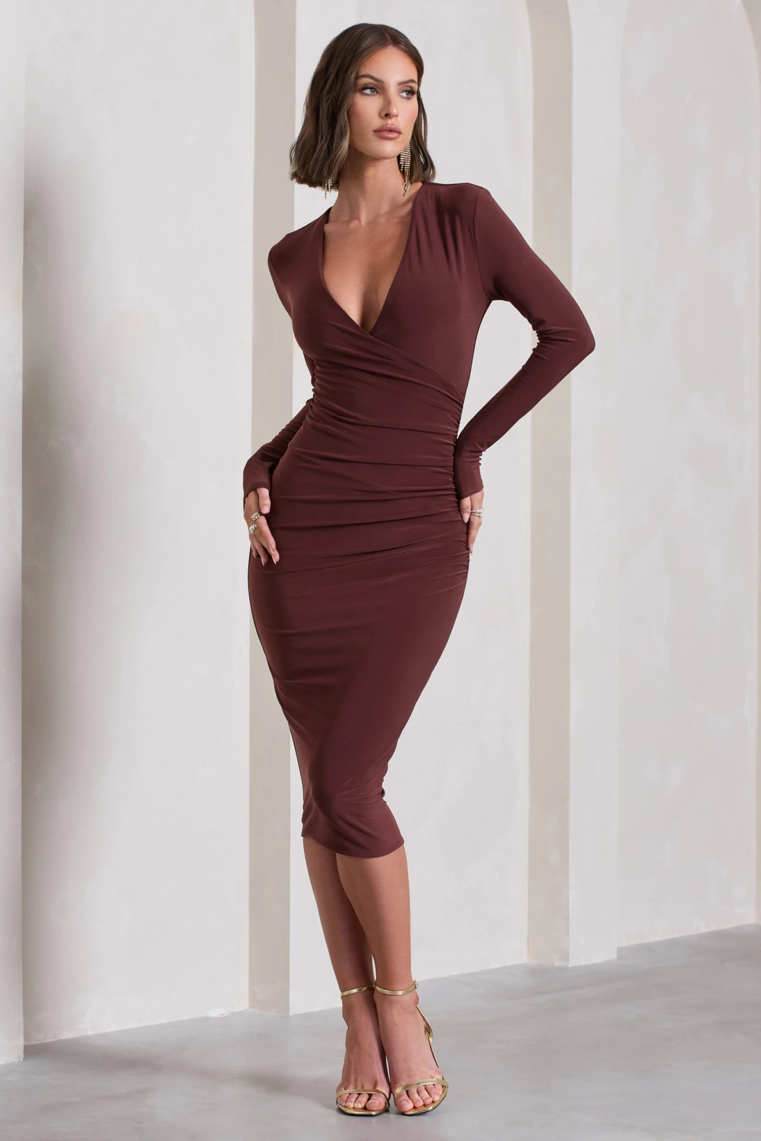 Marcia | Chocolate Brown Bodycon Plunge-Neck Midi Dress - Image 4