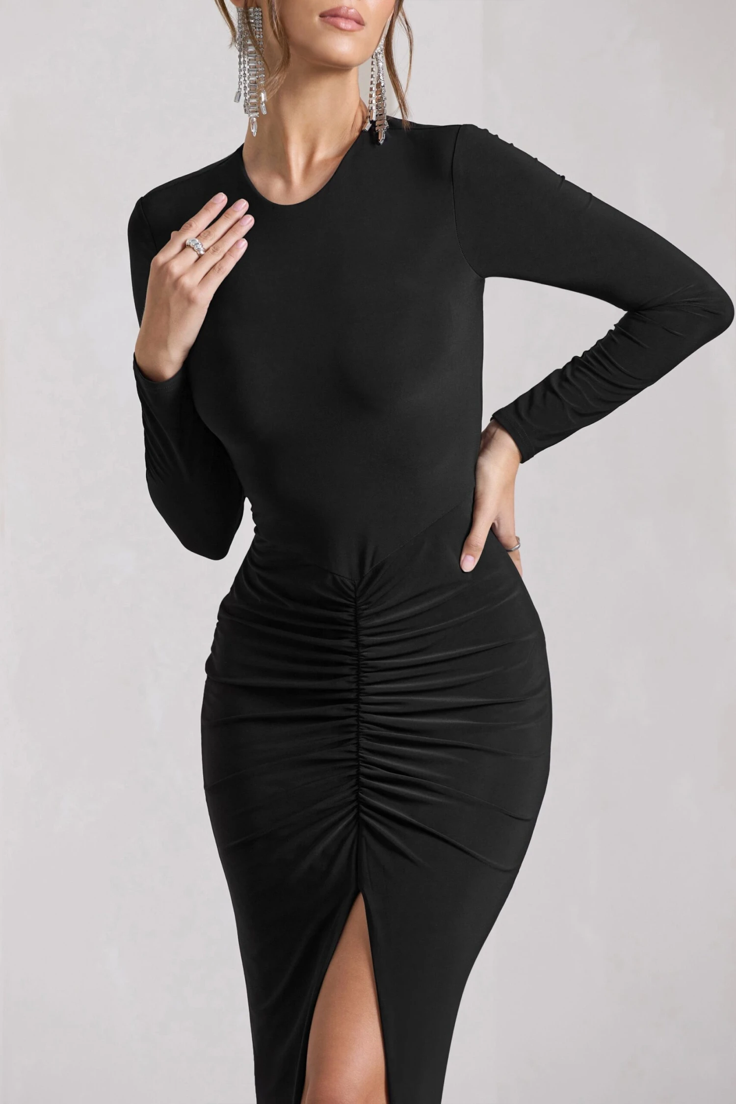 Katy | Black Ruched Long-Sleeve Split Maxi Dress - Image 3