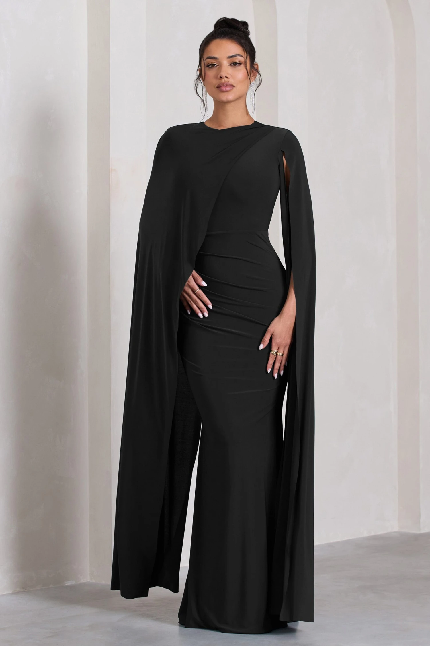 Magdelena | Black Asymmetric Cape Maxi Dress