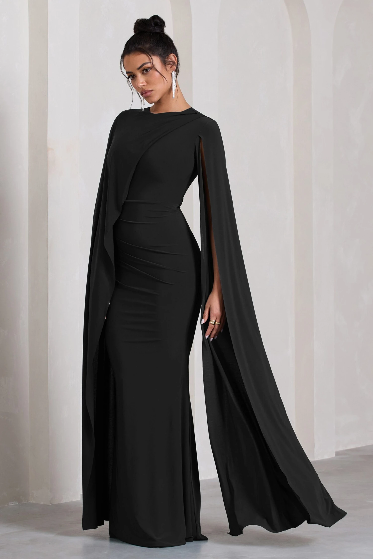 Magdelena | Black Asymmetric Cape Maxi Dress - Image 4