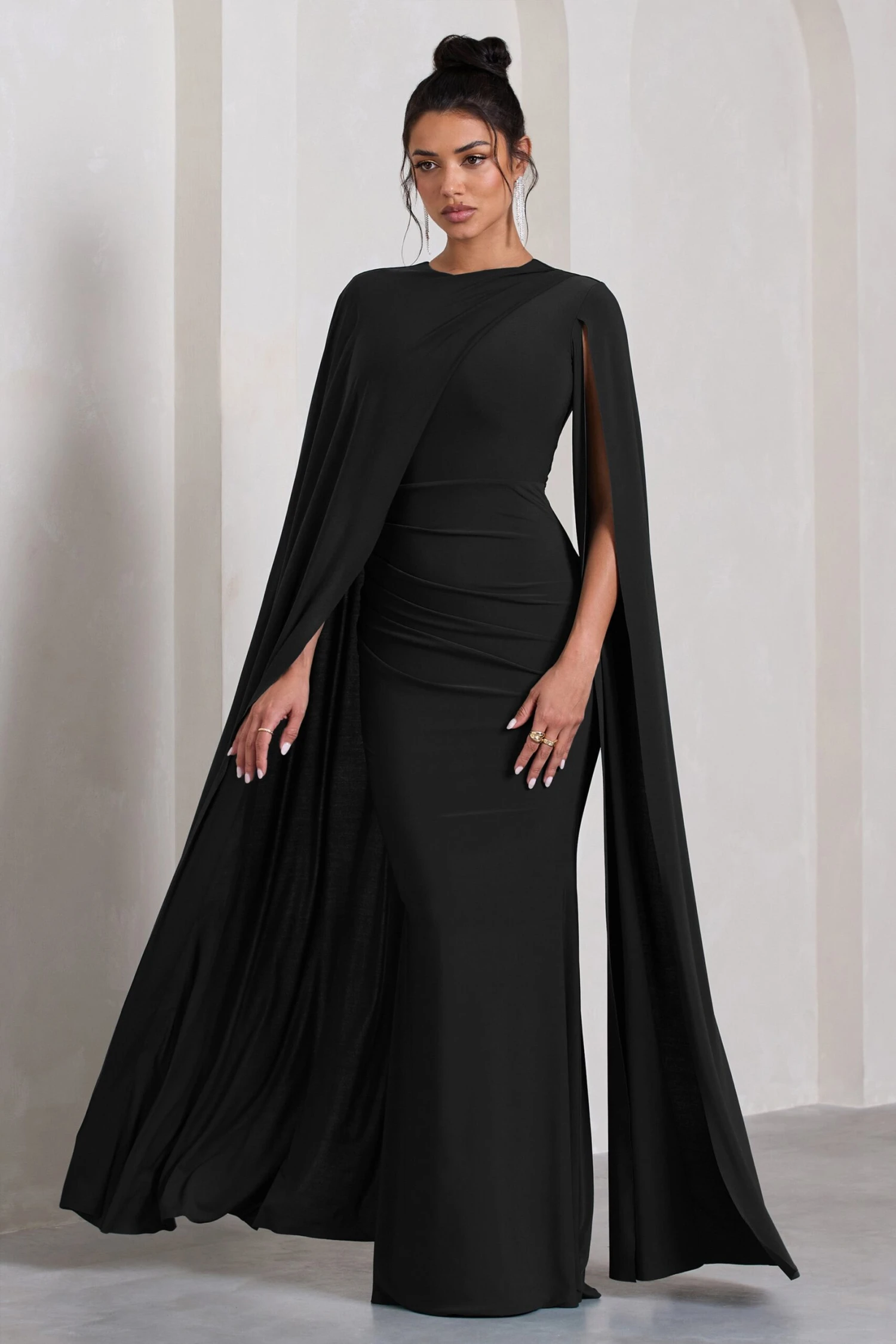 Magdelena | Black Asymmetric Cape Maxi Dress - Image 5