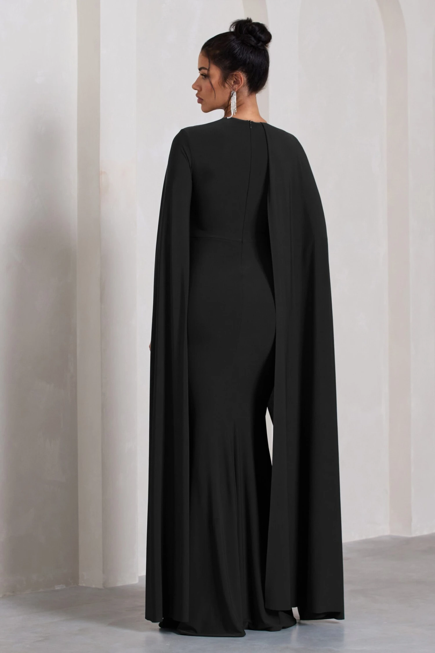 Magdelena | Black Asymmetric Cape Maxi Dress - Image 2