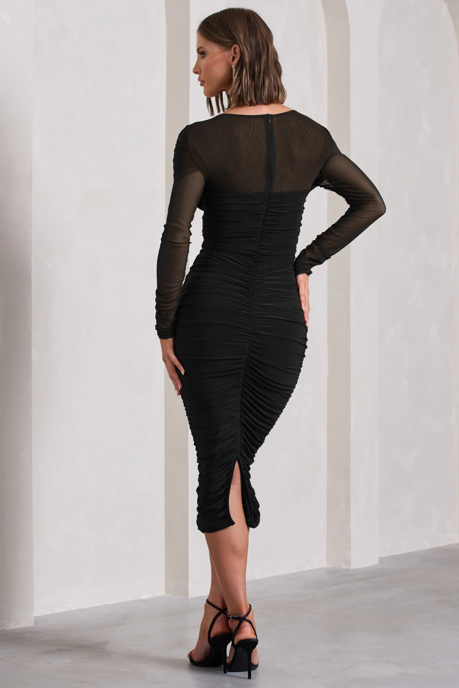 Between The Lines | Black Ruched Mesh Long-Sleeved Bodycon Midi Dress - Image 2