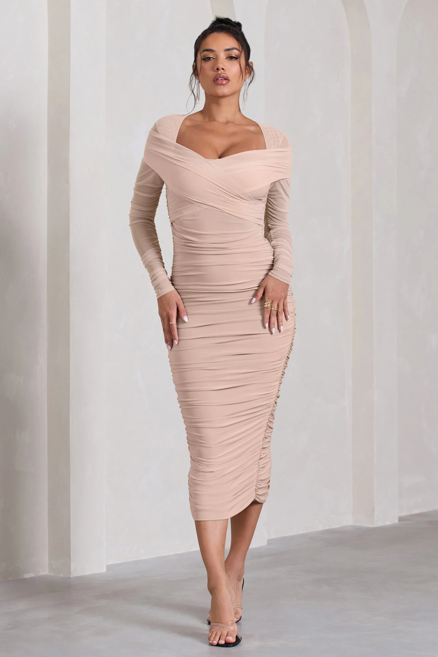 Between The Lines | Nude Ruched Mesh Long-Sleeved Bodycon Midi Dress - Image 4
