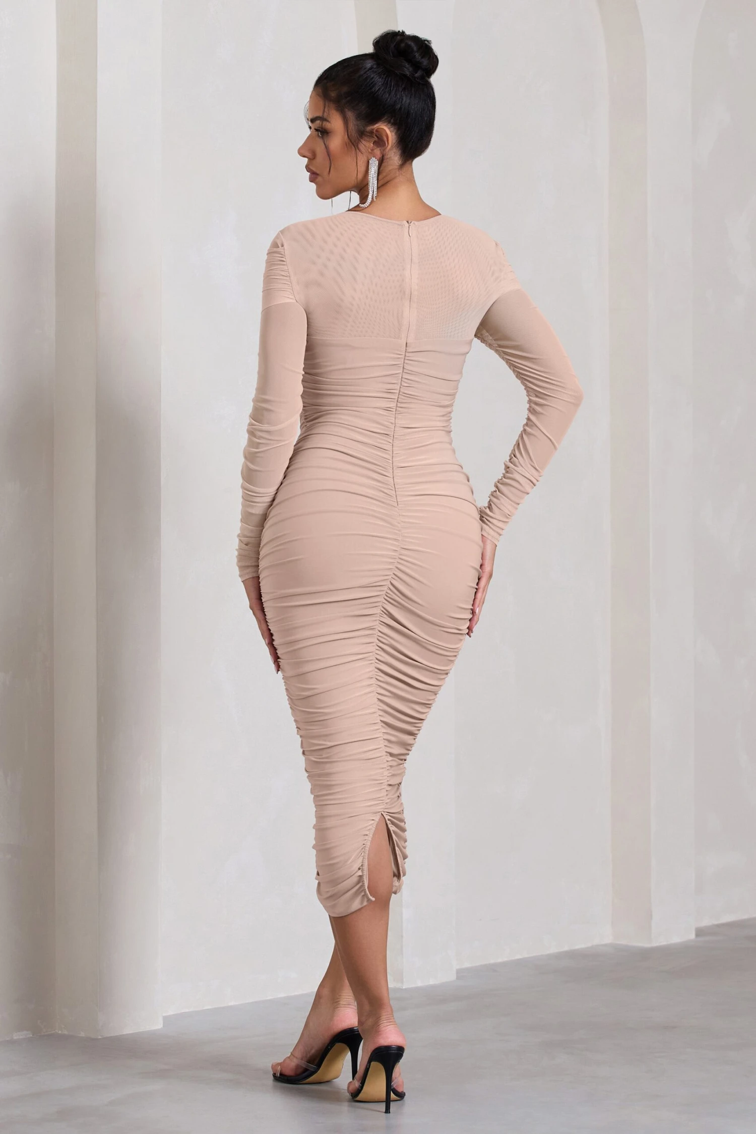 Between The Lines | Nude Ruched Mesh Long-Sleeved Bodycon Midi Dress - Image 2