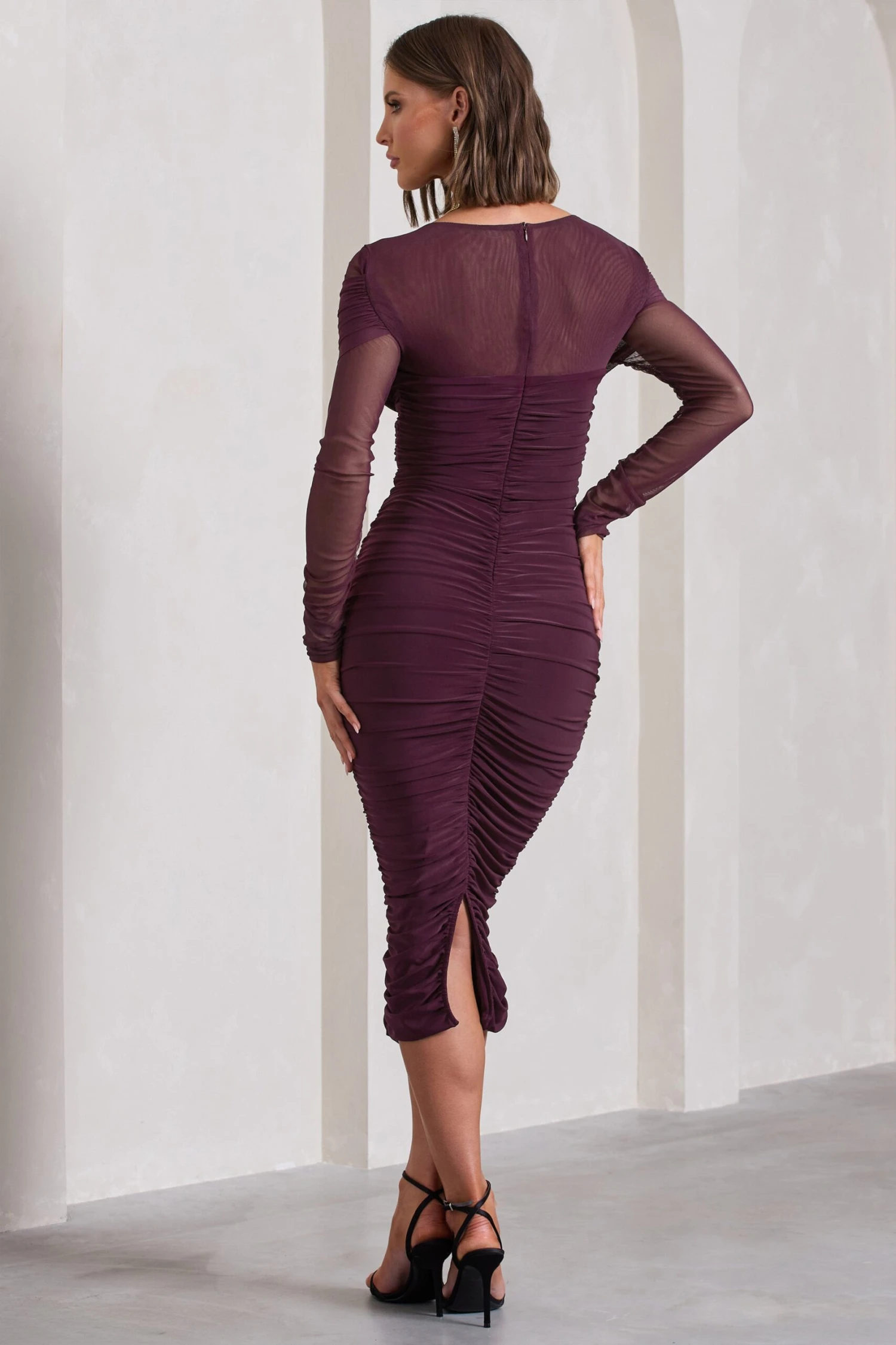 Between The Lines | Plum Ruched Mesh Long-Sleeved Bodycon Midi Dress - Image 2