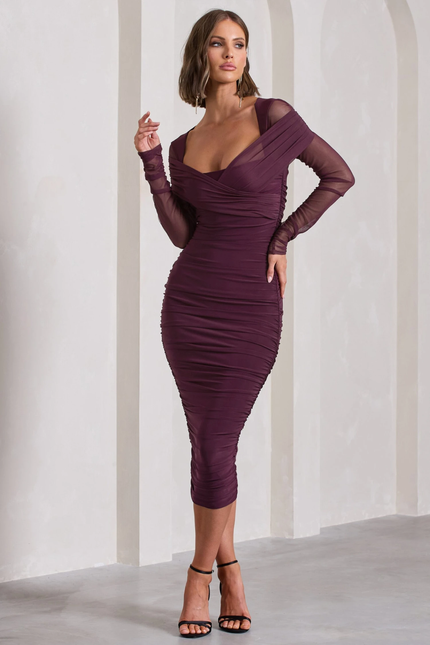 Between The Lines | Plum Ruched Mesh Long-Sleeved Bodycon Midi Dress - Image 5