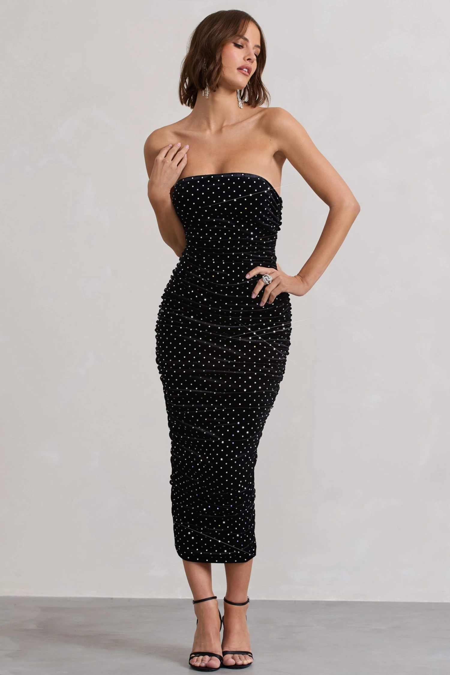 In A Daze | Black Bodycon Embellished Strapless Midi Dress - Image 6