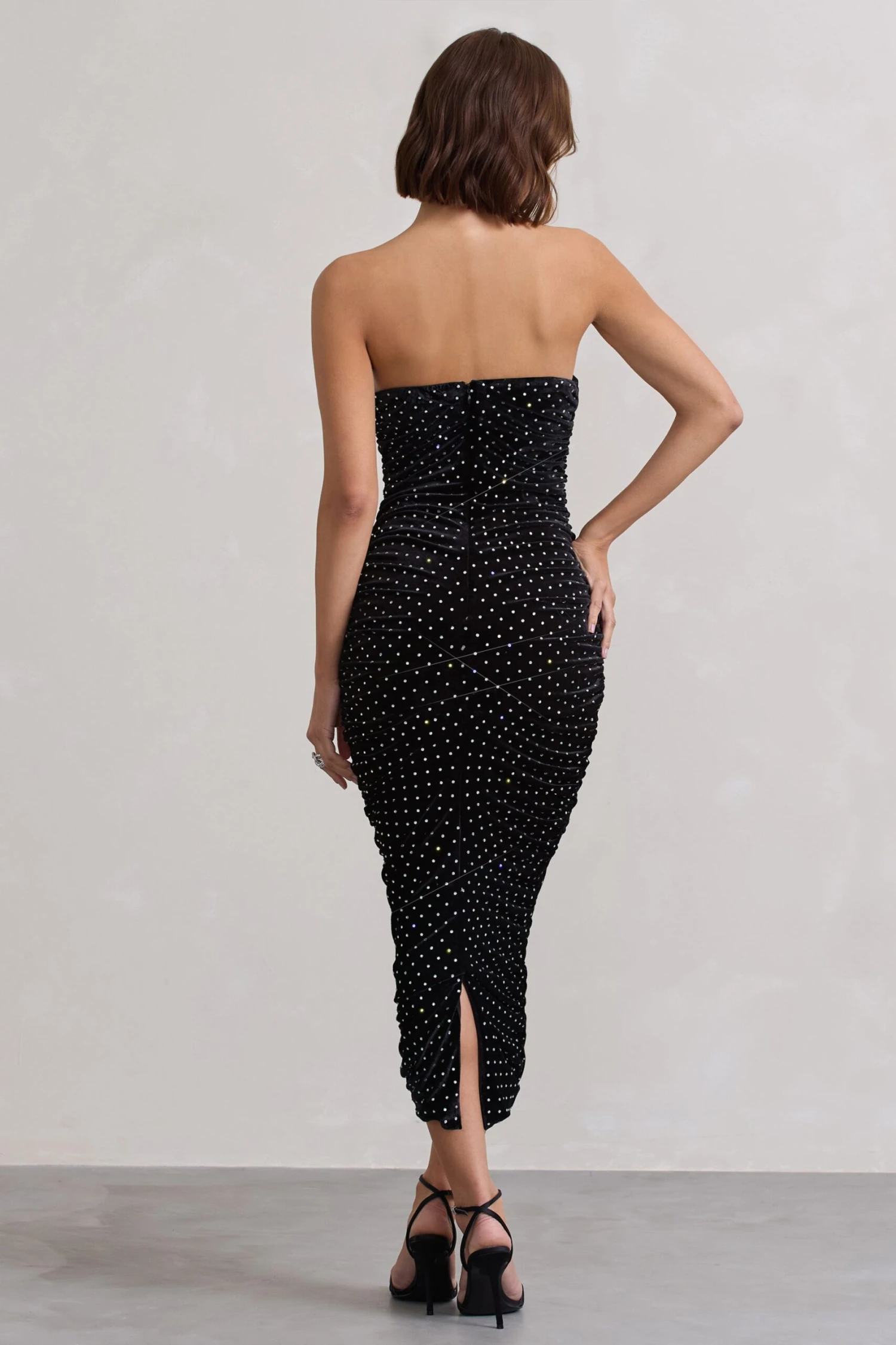 In A Daze | Black Bodycon Embellished Strapless Midi Dress - Image 2