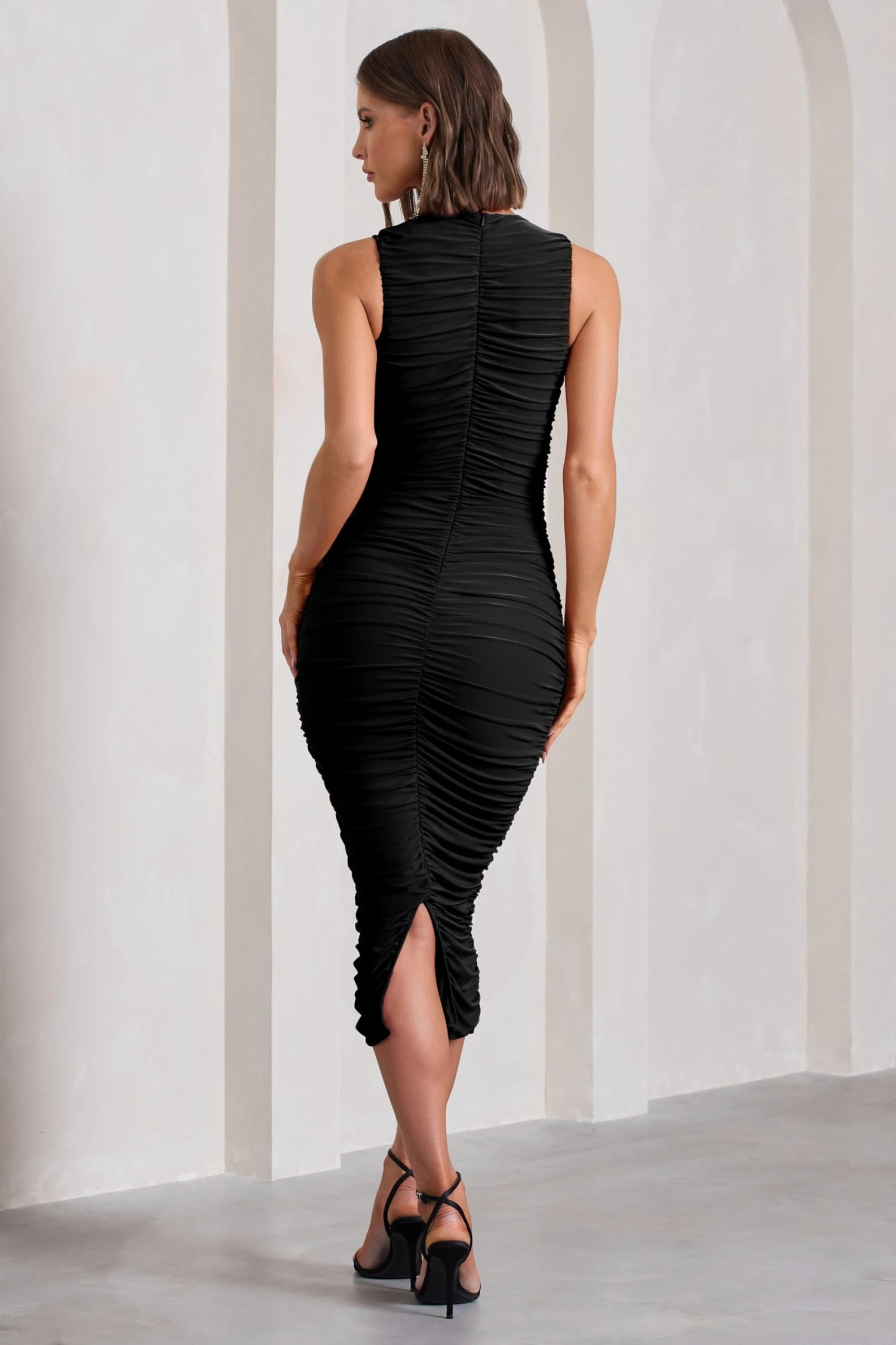 Tempting Fate | Black Ruched Bodycon V-Neck Midi Dress - Image 2