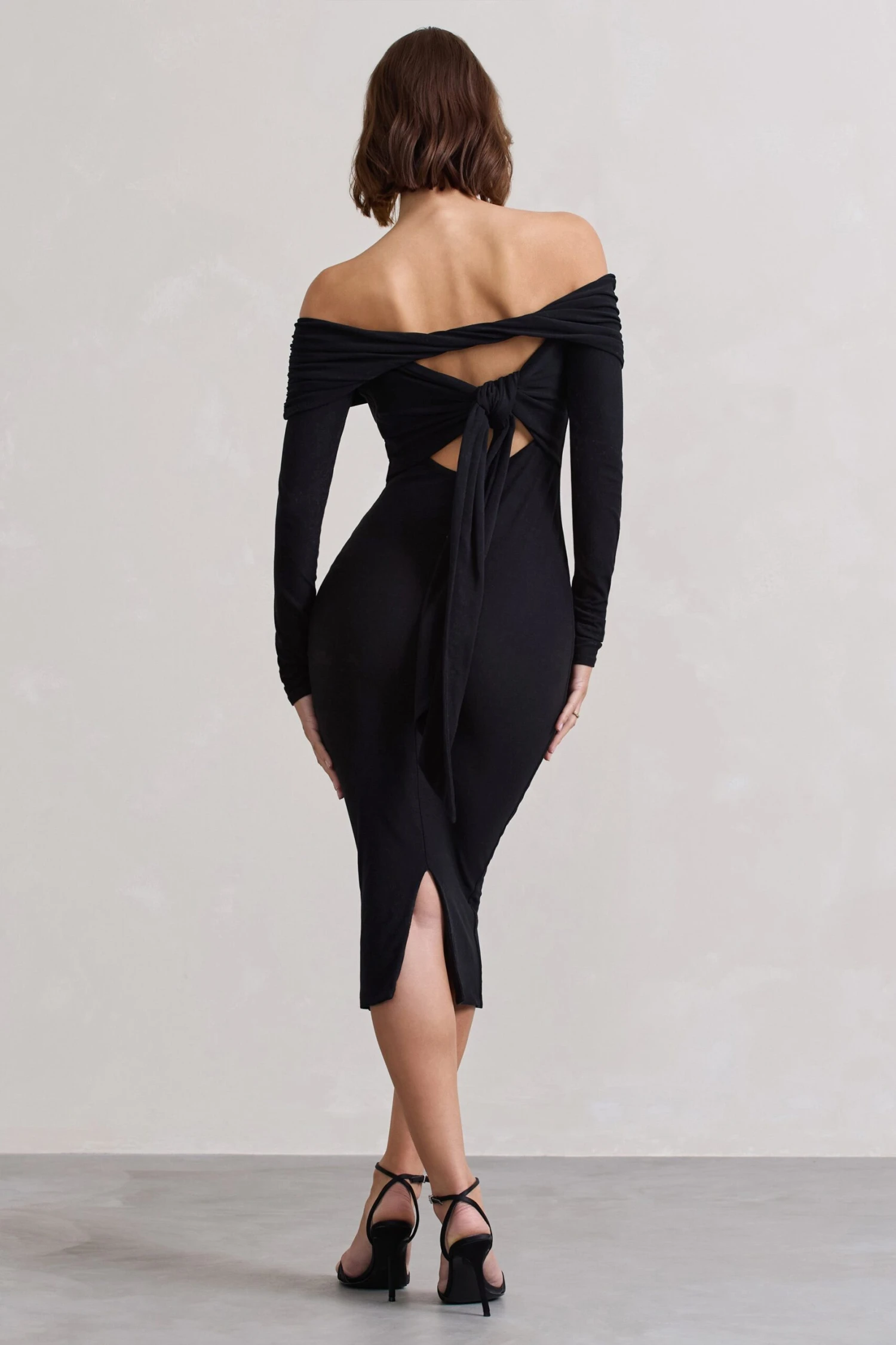 Intercept | Black Bodycon Bardot Tie-Back Midi Dress - Image 2