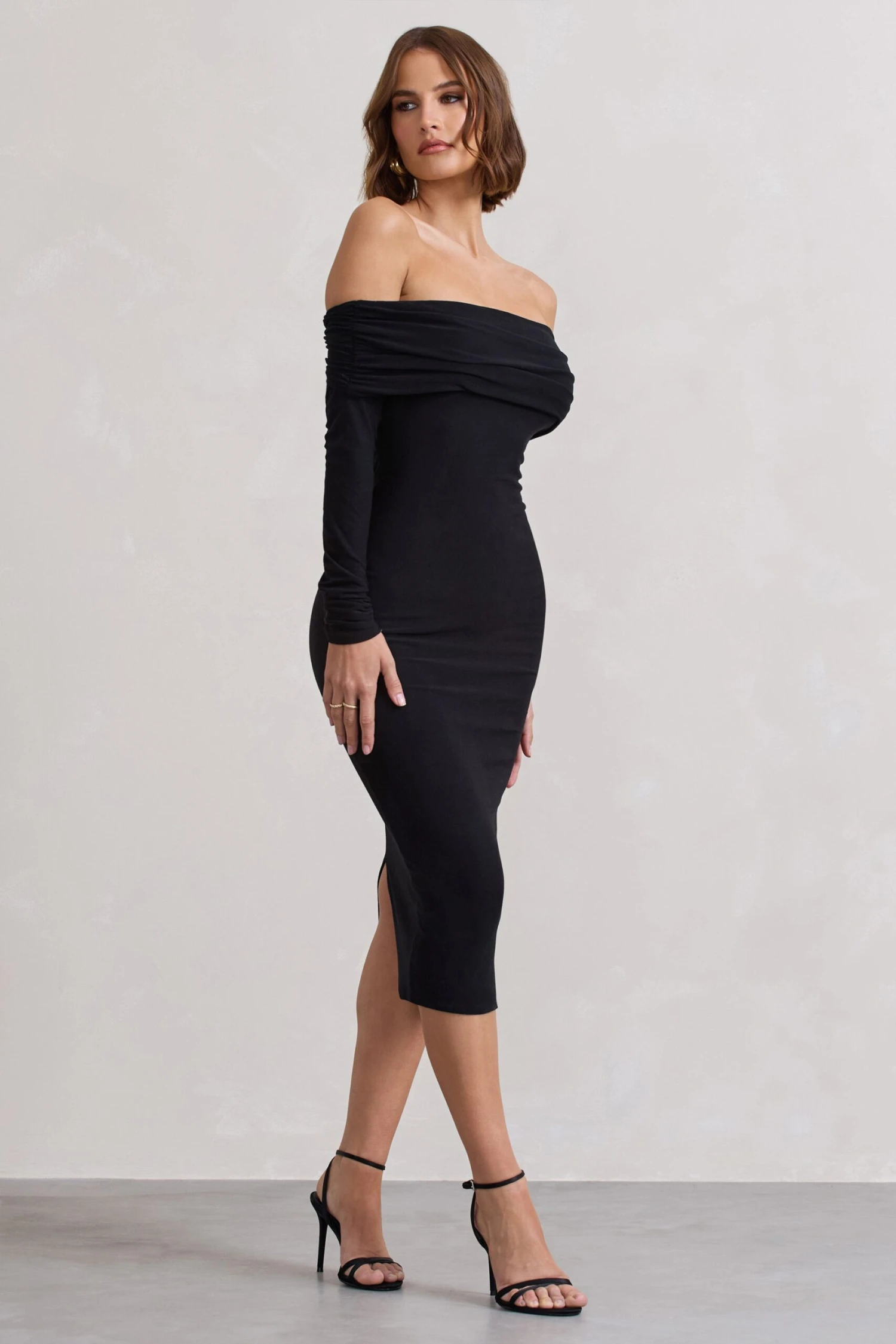 Intercept | Black Bodycon Bardot Tie-Back Midi Dress - Image 5