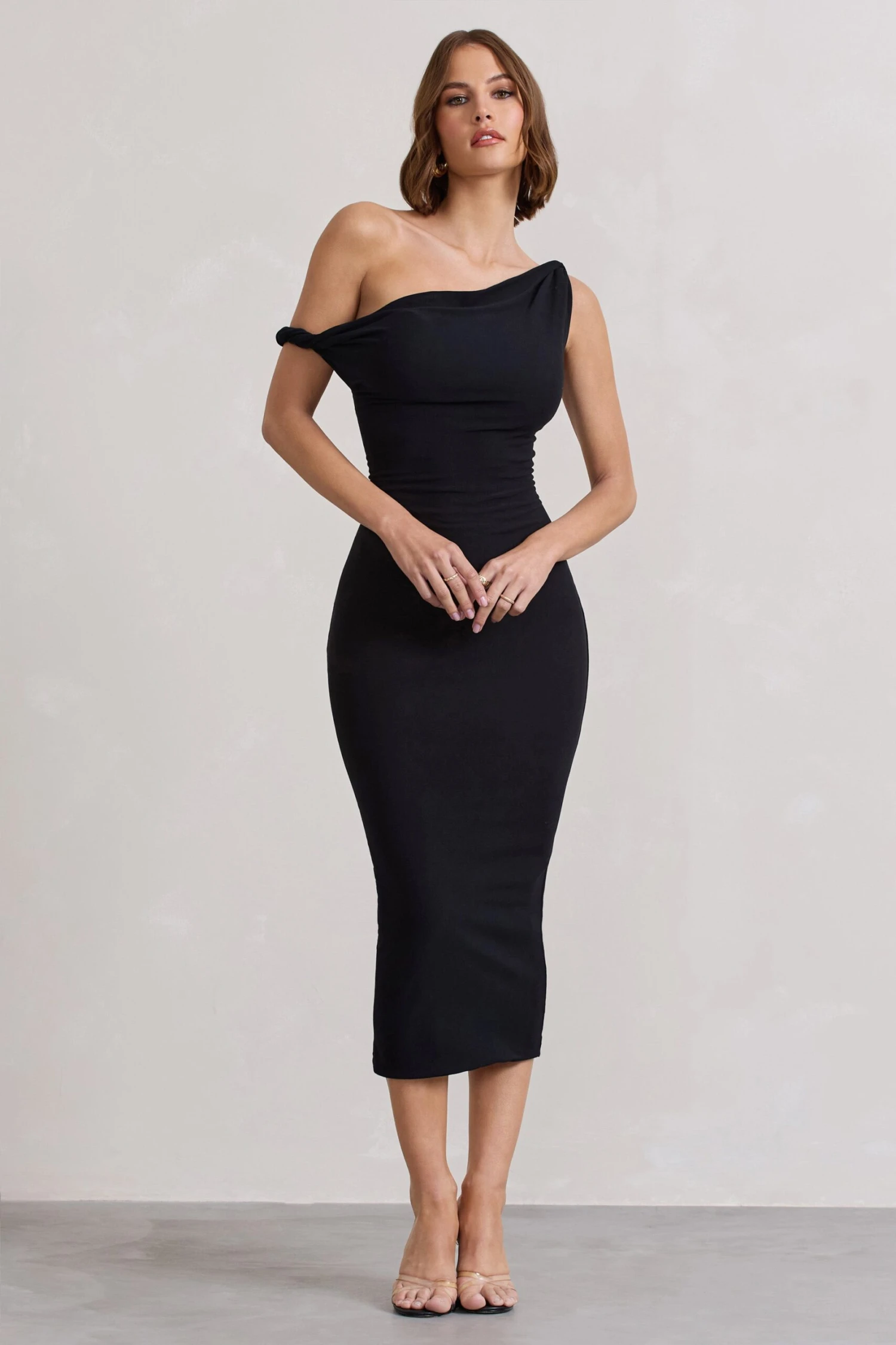 Salome | Black Twisted Asymmetric Midi Dress - Image 5