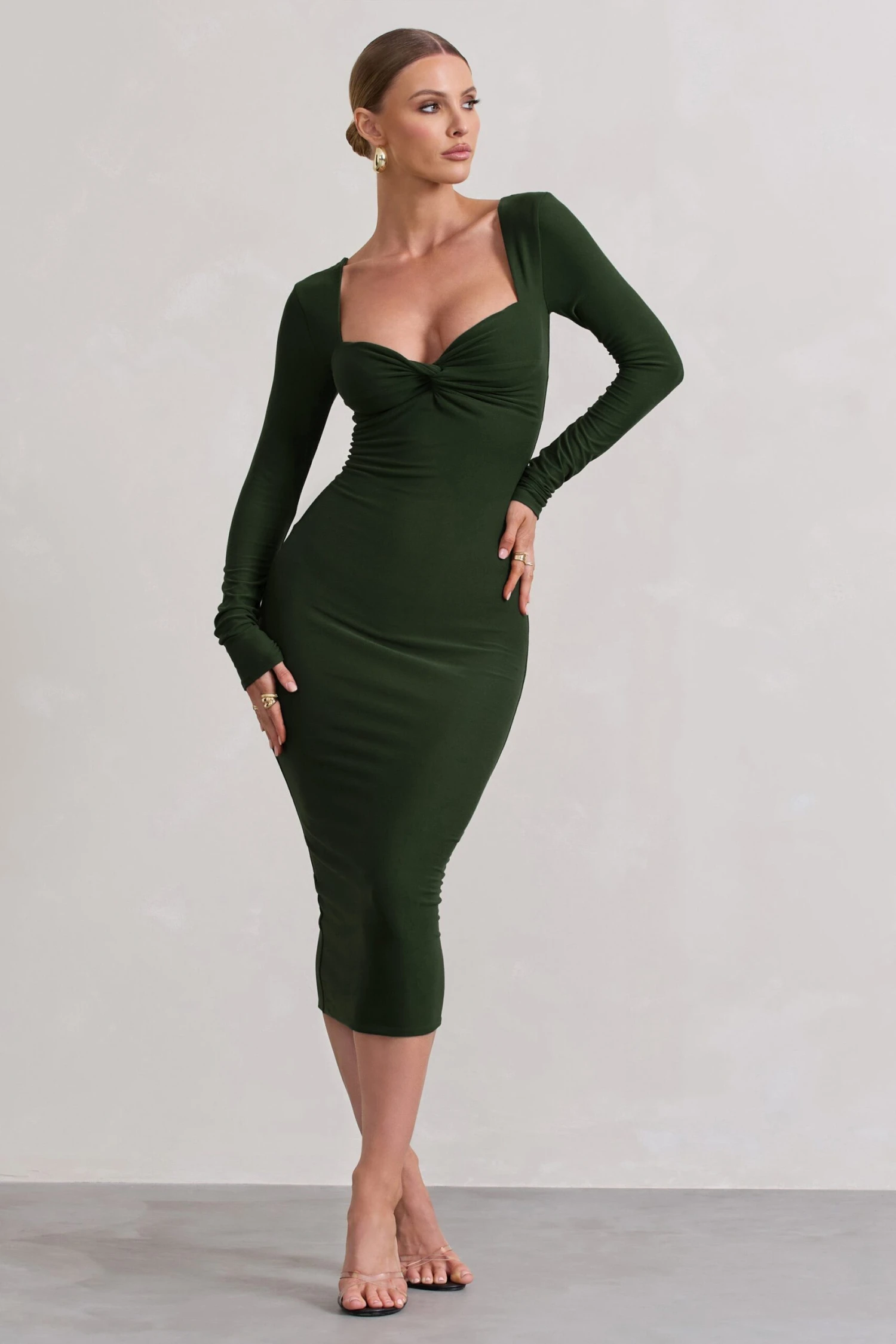 Sammy | Dark Green Bodycon Sweetheart Midi Dress - Image 5