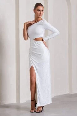 Reflection | White Embellished Cut-Out Asymmetric Split Maxi Dress