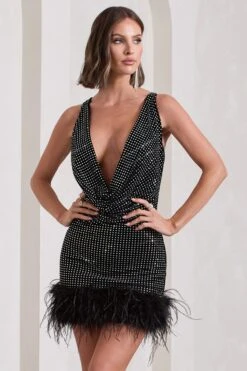 Mirror Me | Black Velvet Embellished Cowl-Neck Mini Dress With Feather Trim