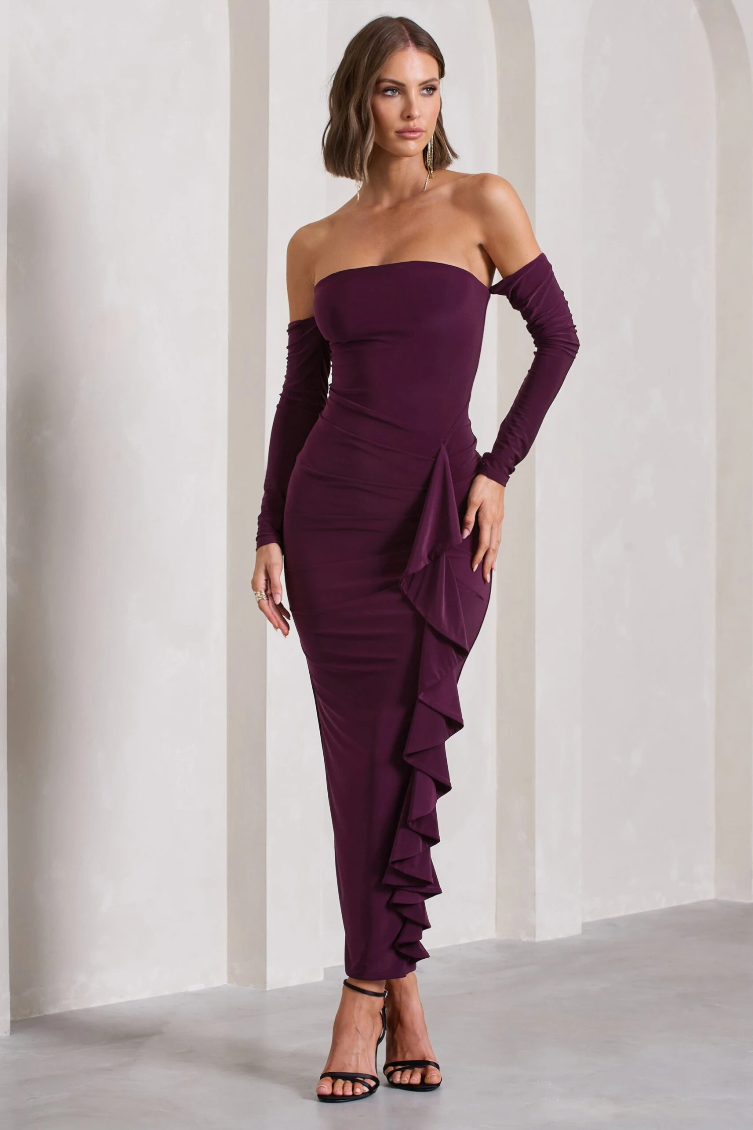 Montana | Plum Bardot Ruffle Maxi Dress - Image 4