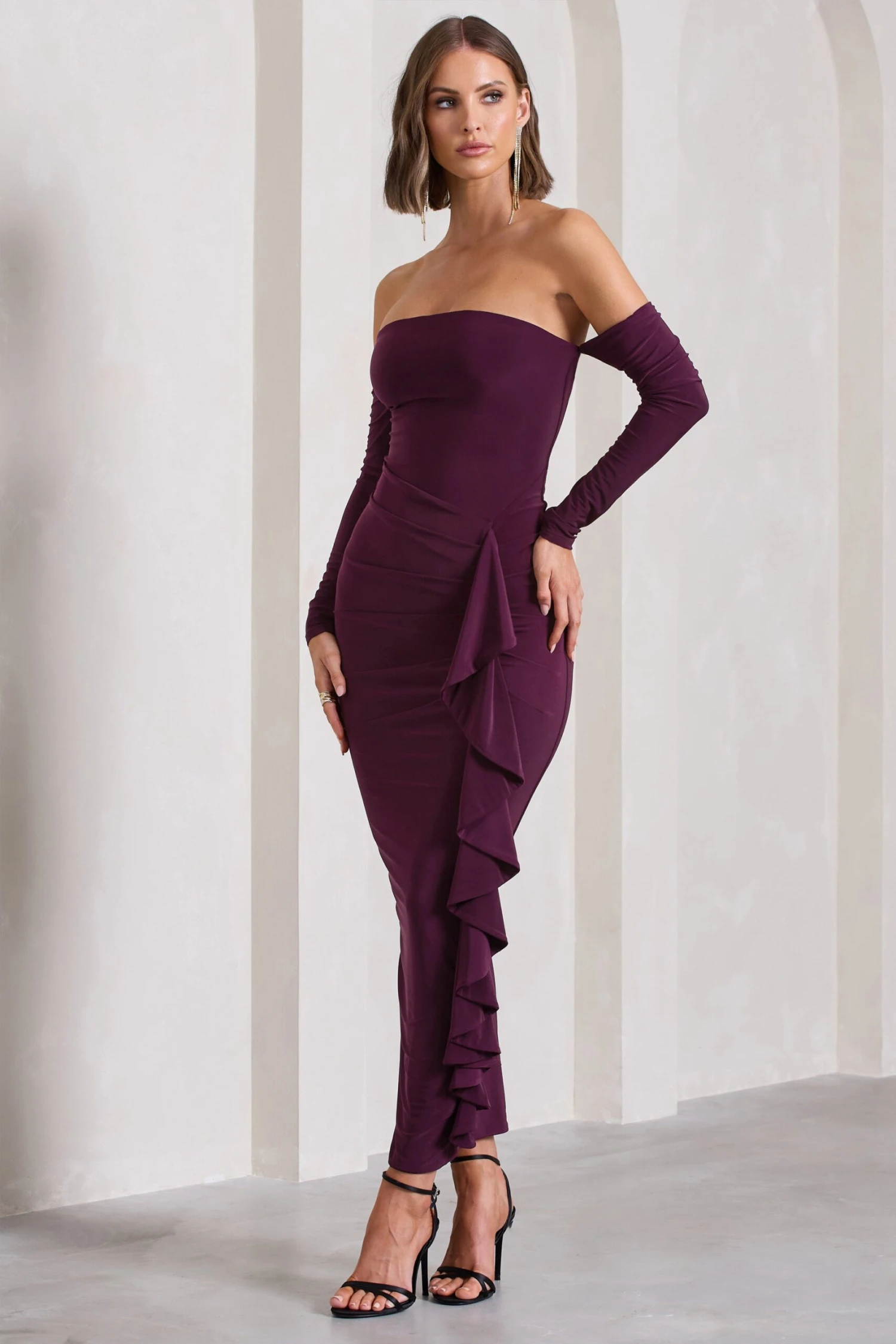 Montana | Plum Bardot Ruffle Maxi Dress - Image 5