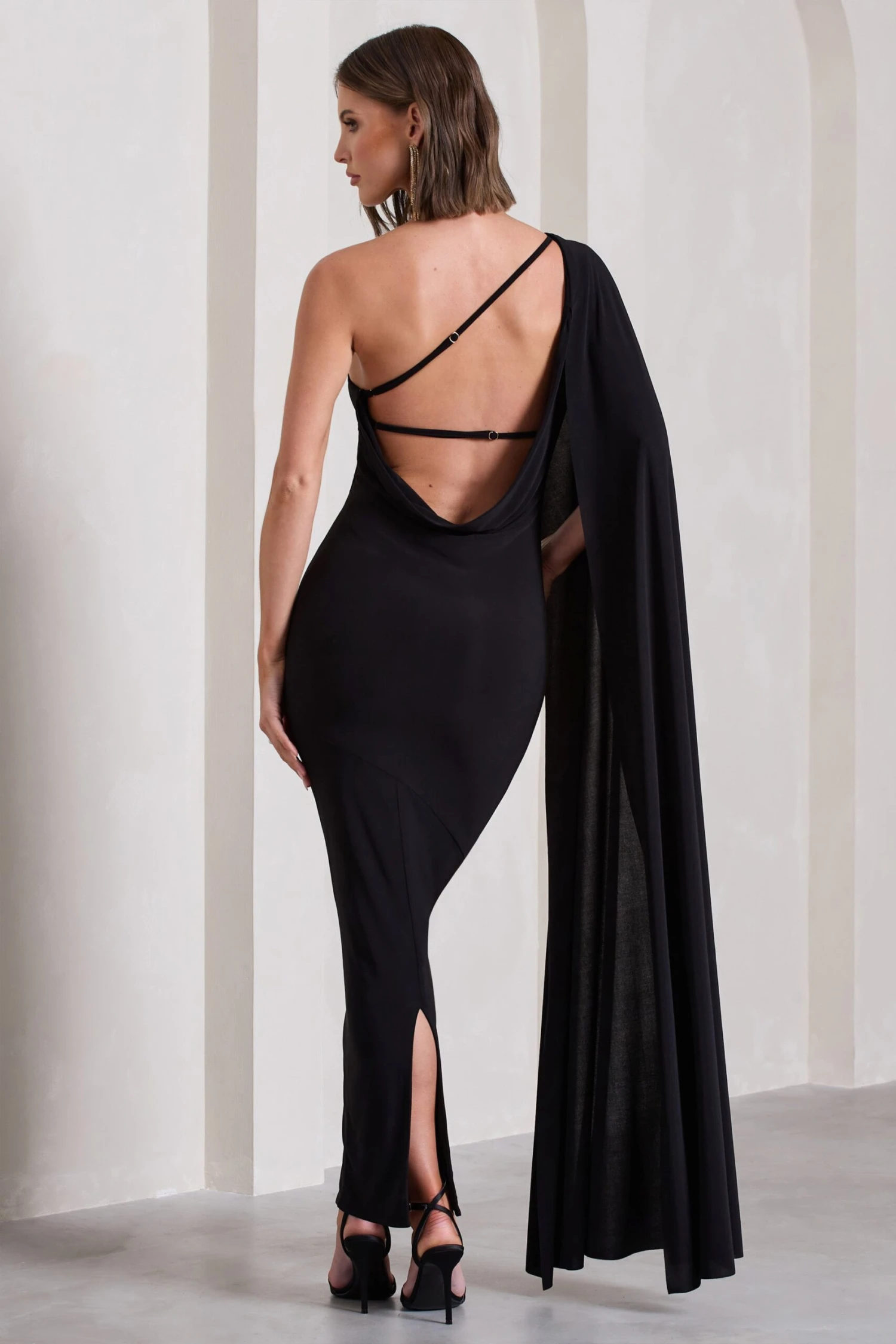 Kamila | Black Asymmetric Open-Back Maxi Dress With Cape Sleeve - Image 2