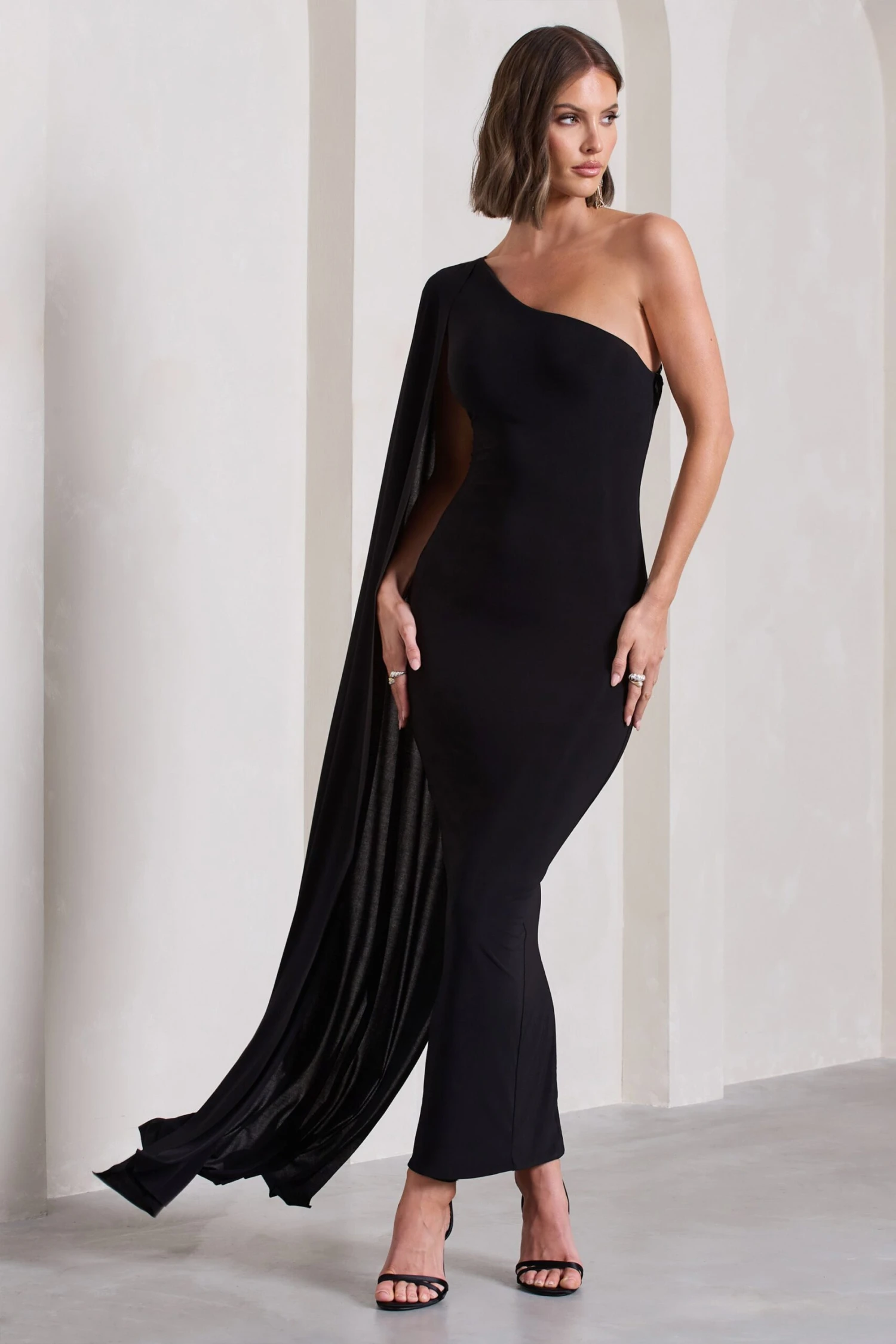Kamila | Black Asymmetric Open-Back Maxi Dress With Cape Sleeve - Image 4