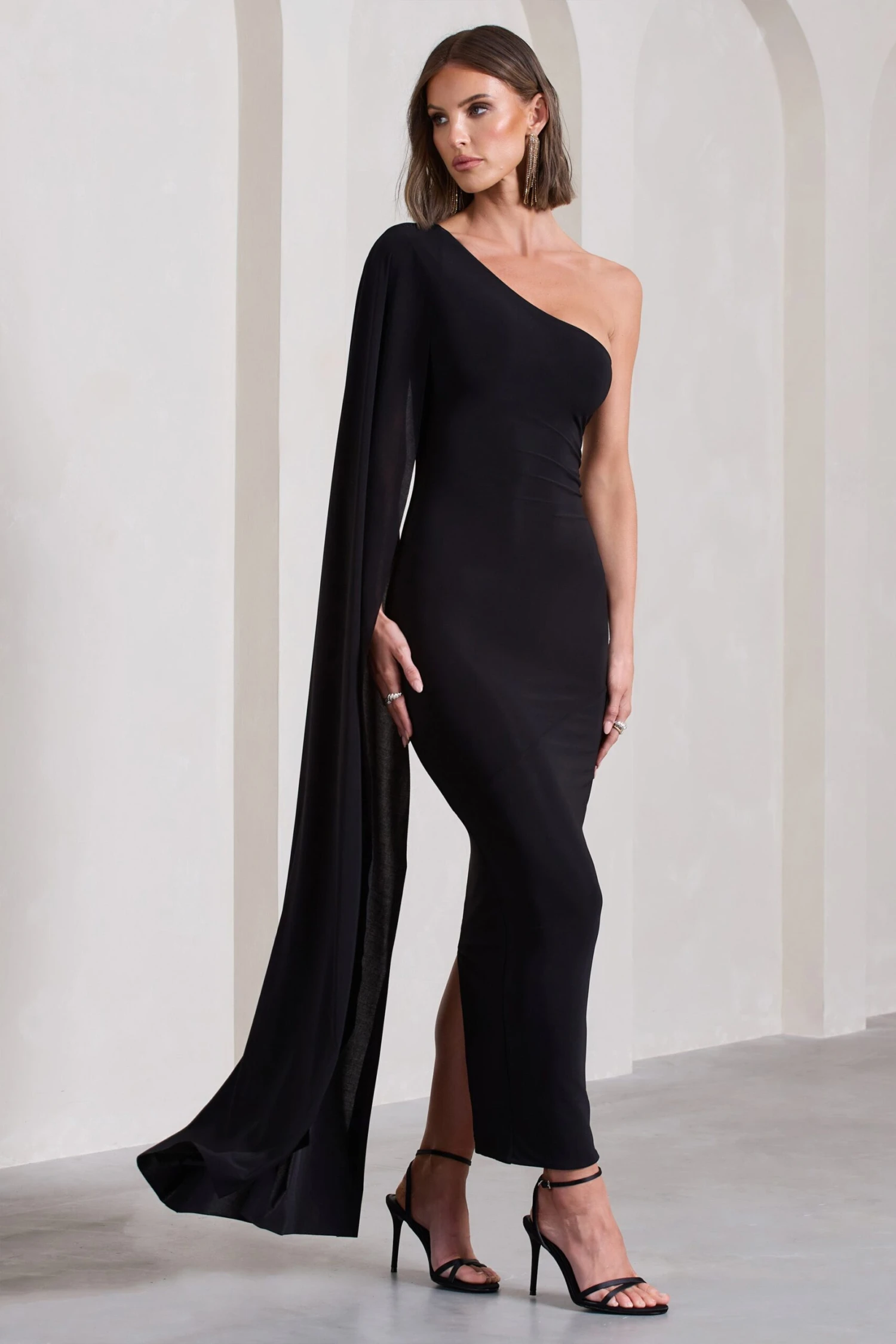 Kamila | Black Asymmetric Open-Back Maxi Dress With Cape Sleeve - Image 5