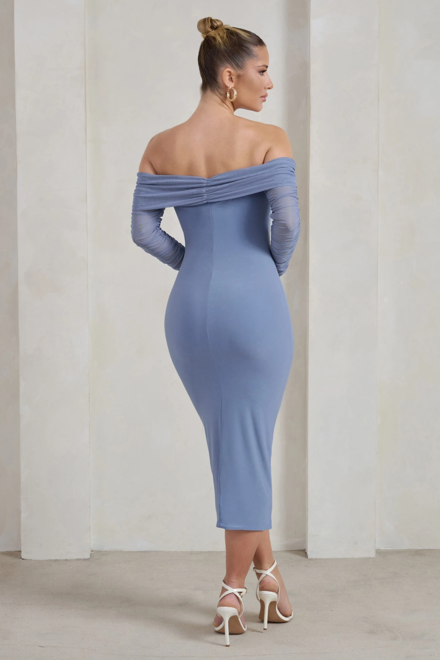 Only You | Ice Blue Ruched Mesh Bardot Midi Dress - Image 2