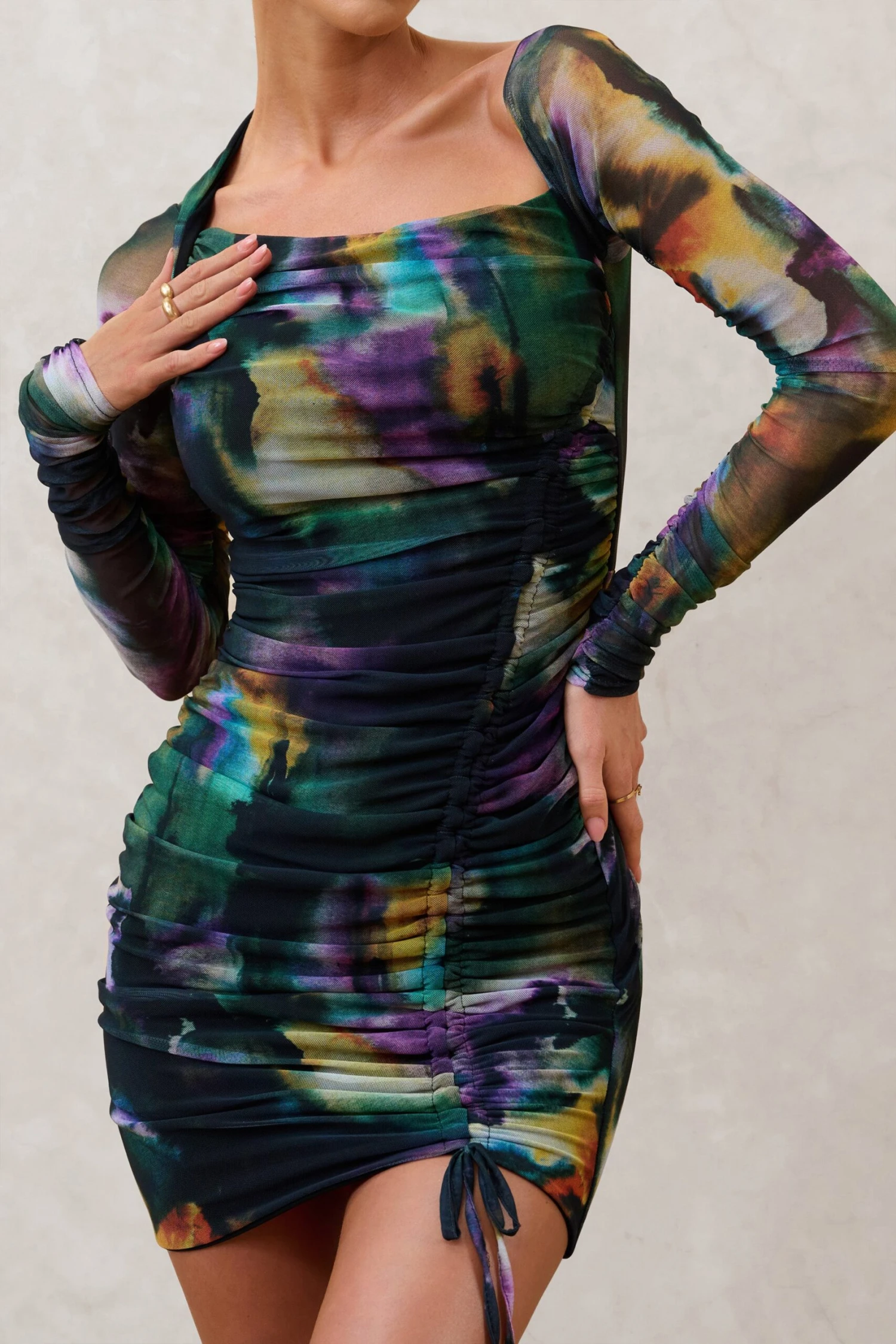 Aphrodite | Watercolour Print Asymmetric Ruched Side Mini Dress - Image 3