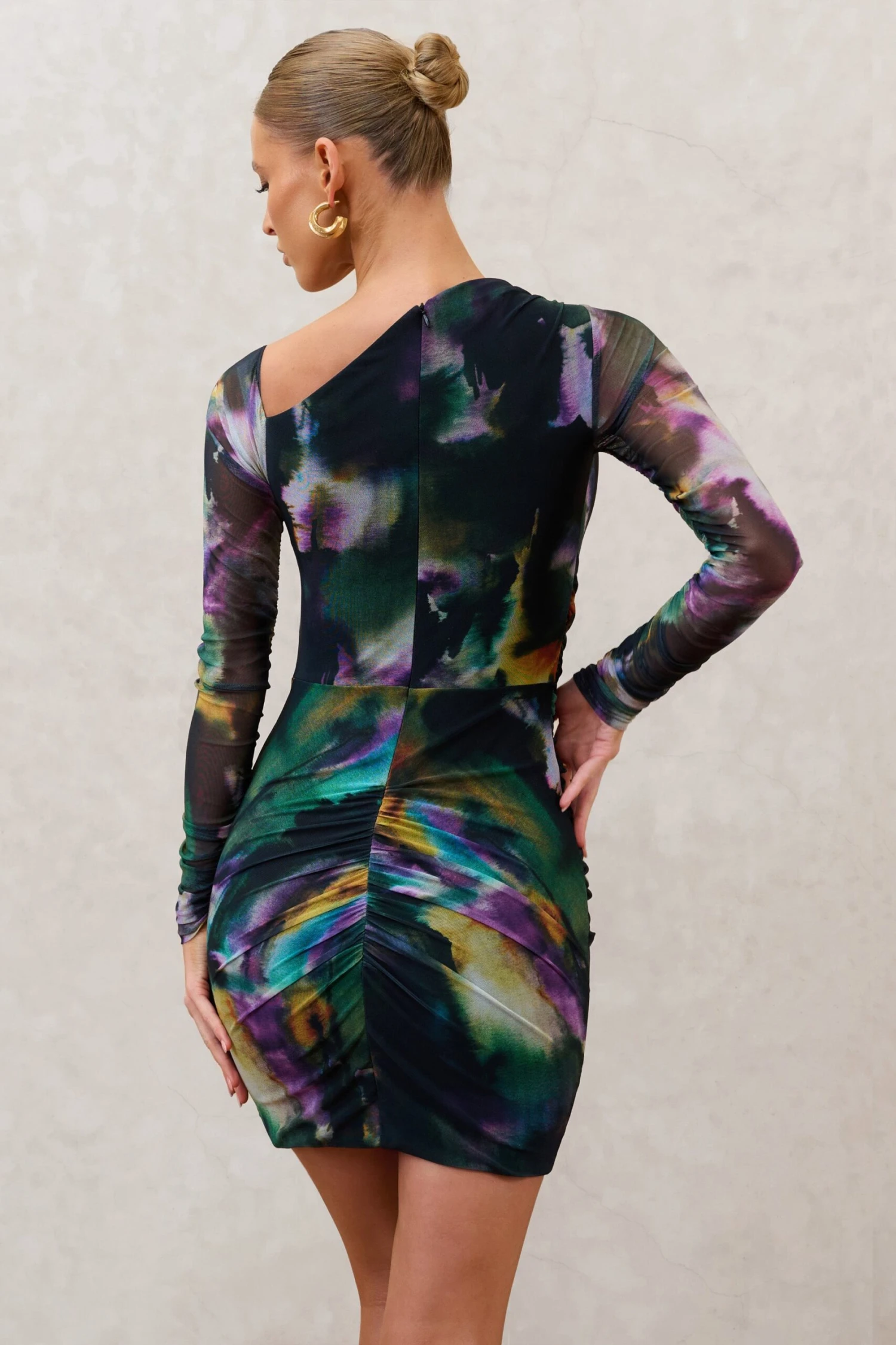 Aphrodite | Watercolour Print Asymmetric Ruched Side Mini Dress - Image 2