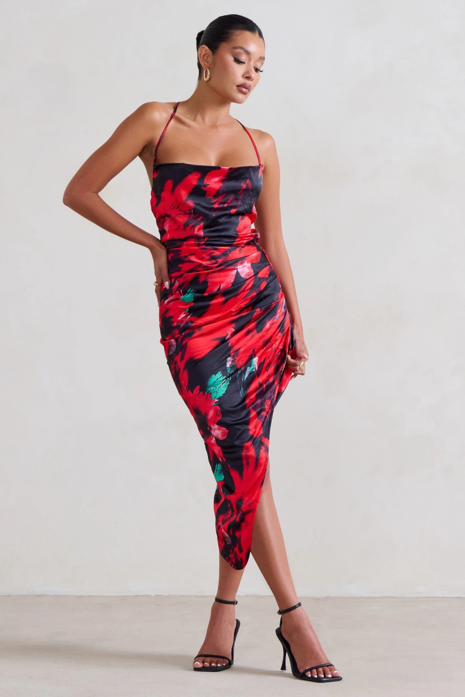 Risk It All | Black & Red Floral Print Cami Cowl Neck Asymmetric Hem Dress - Image 3