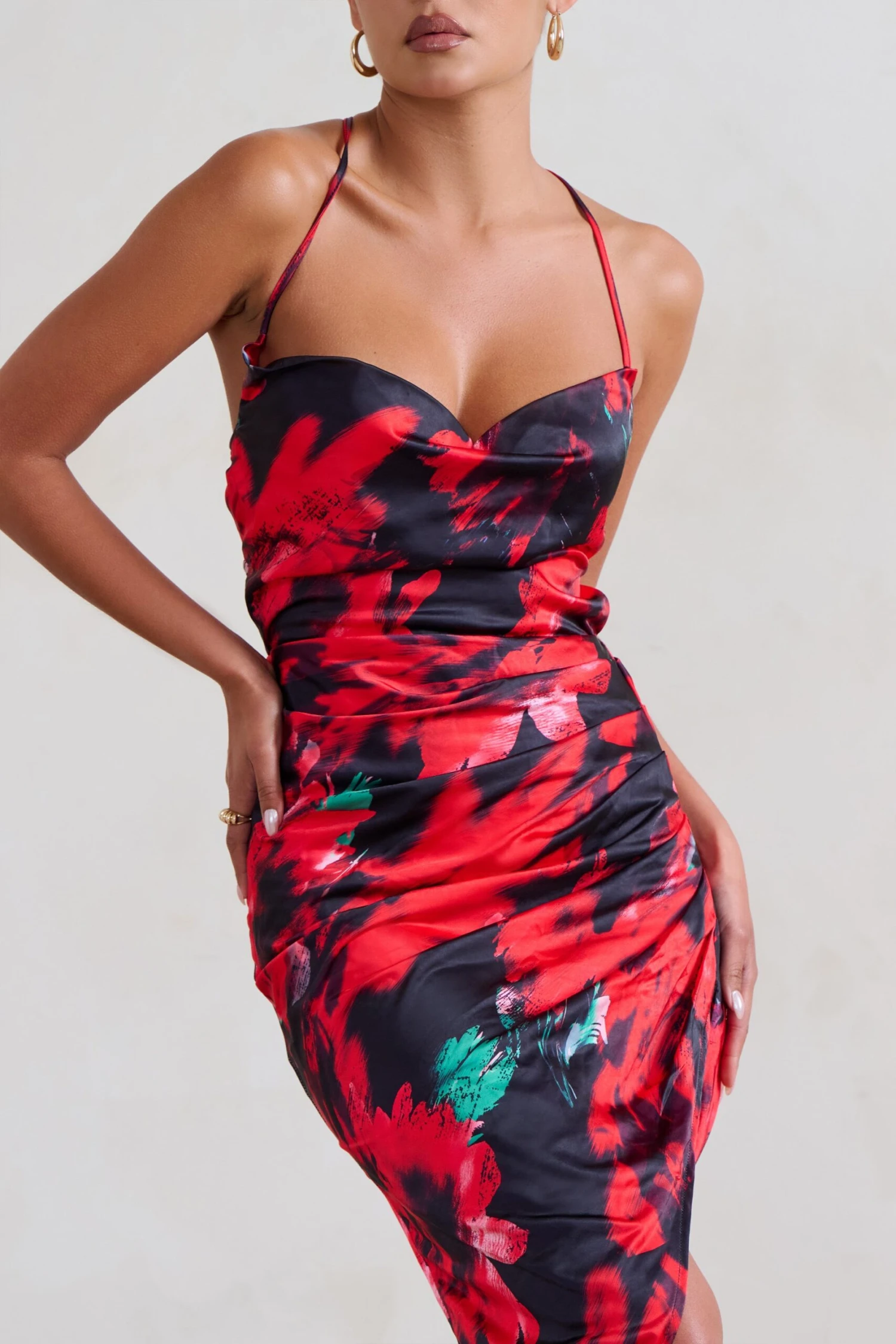 Risk It All | Black & Red Floral Print Cami Cowl Neck Asymmetric Hem Dress - Image 4