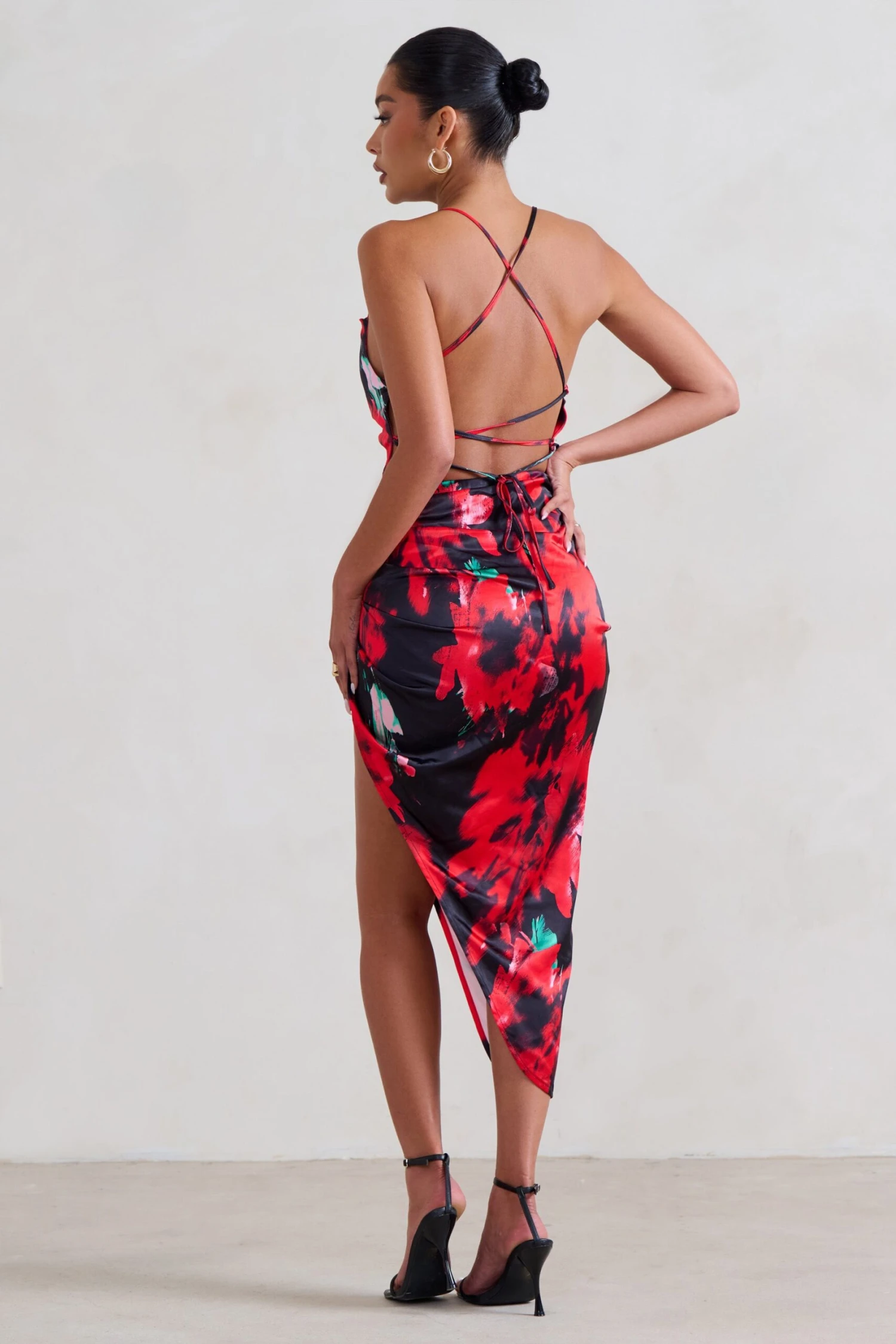 Risk It All | Black & Red Floral Print Cami Cowl Neck Asymmetric Hem Dress - Image 2