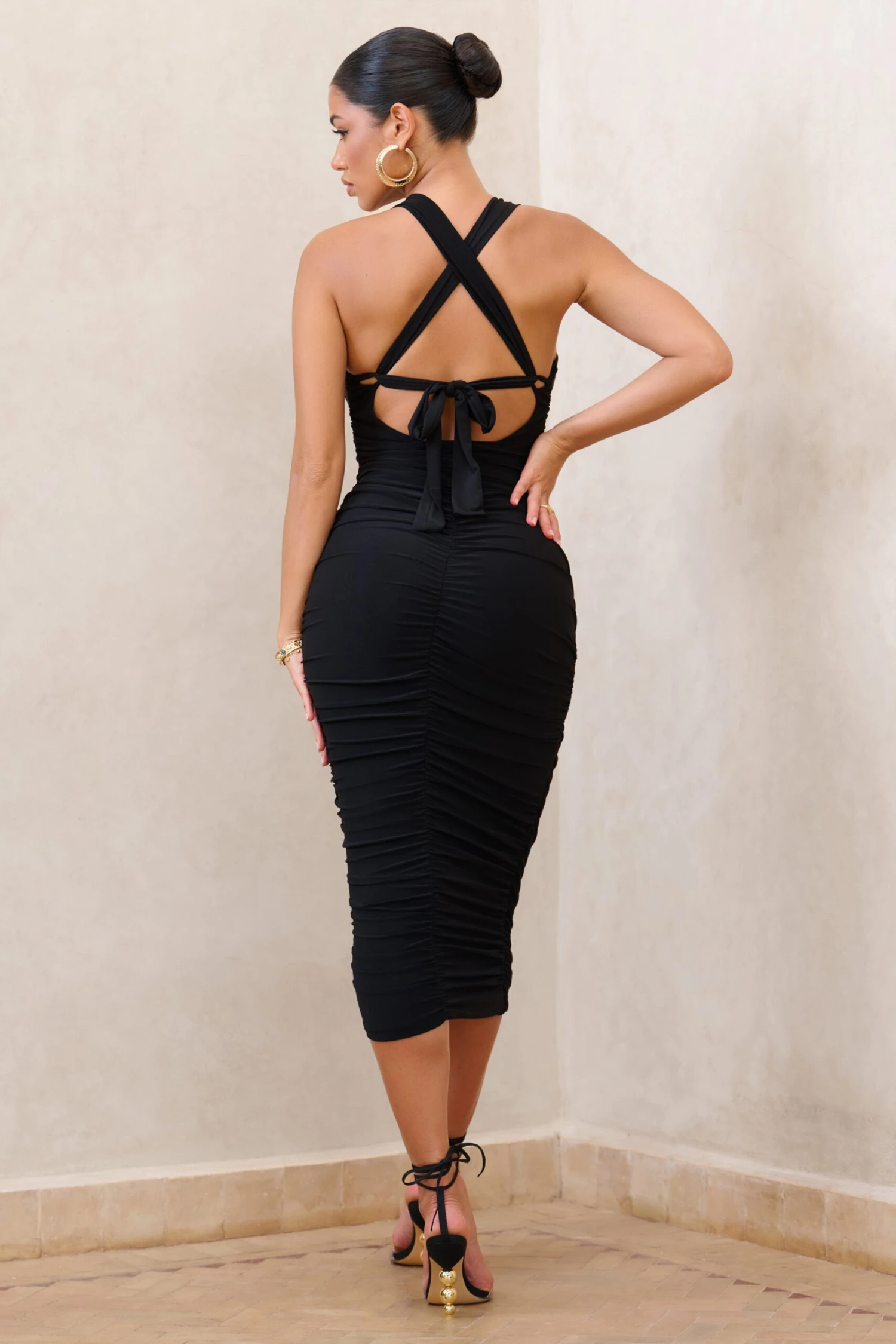 Embody | Black Cut Out Twist Front Ruched Midi Dress - Image 2