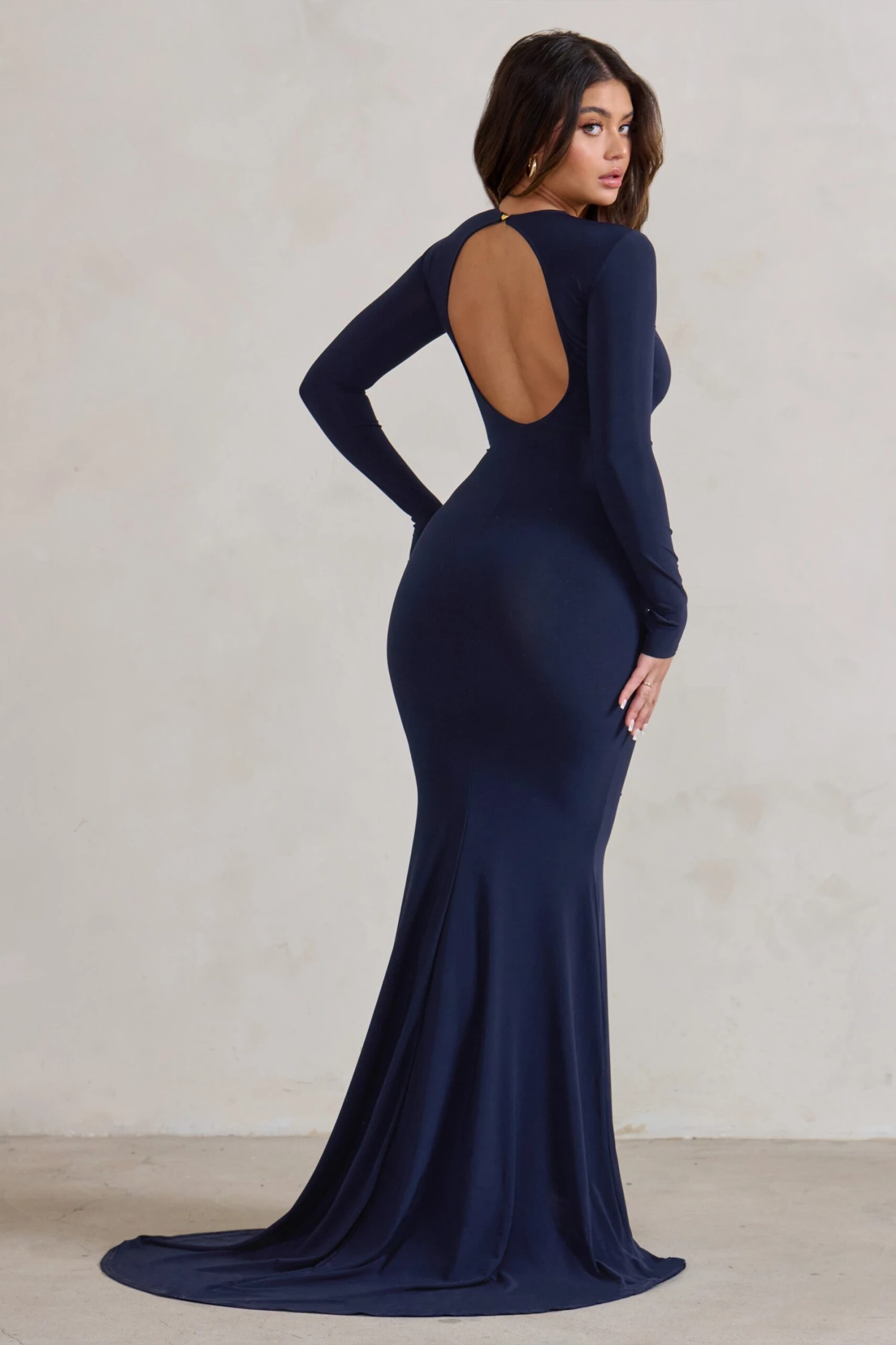 One Step Ahead | Navy Long Sleeve Backless Fishtail Maxi Dress - Image 2