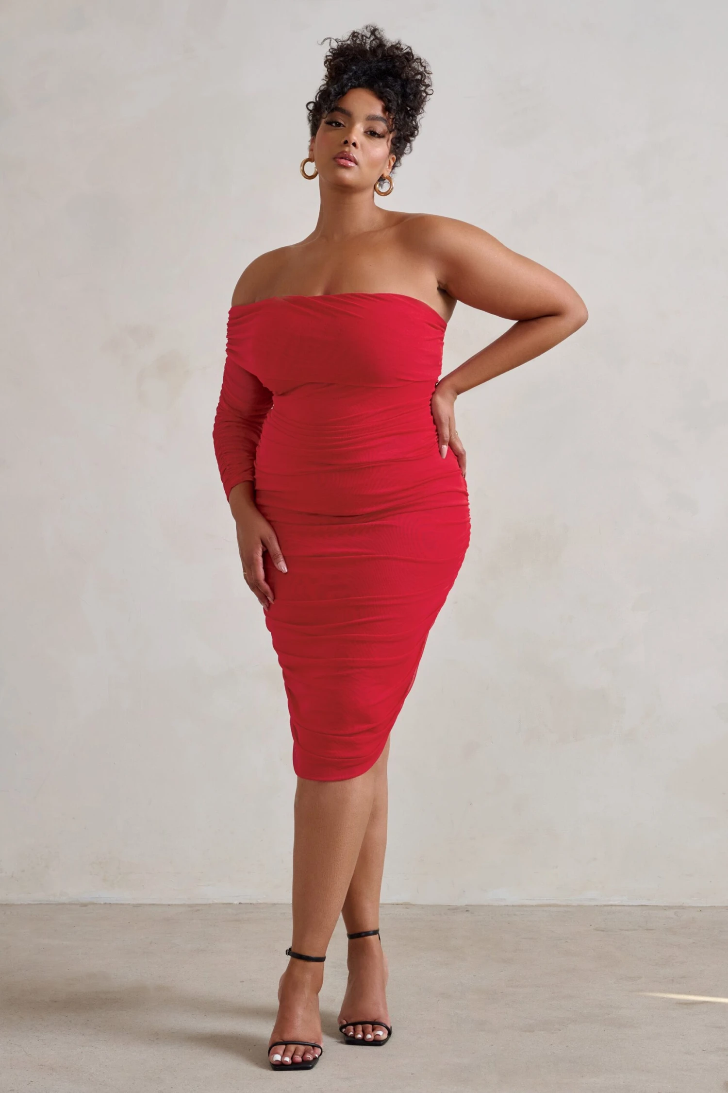 Bijou | Red Asymmetric Bardot Mesh Ruched Midi Dress - Image 2