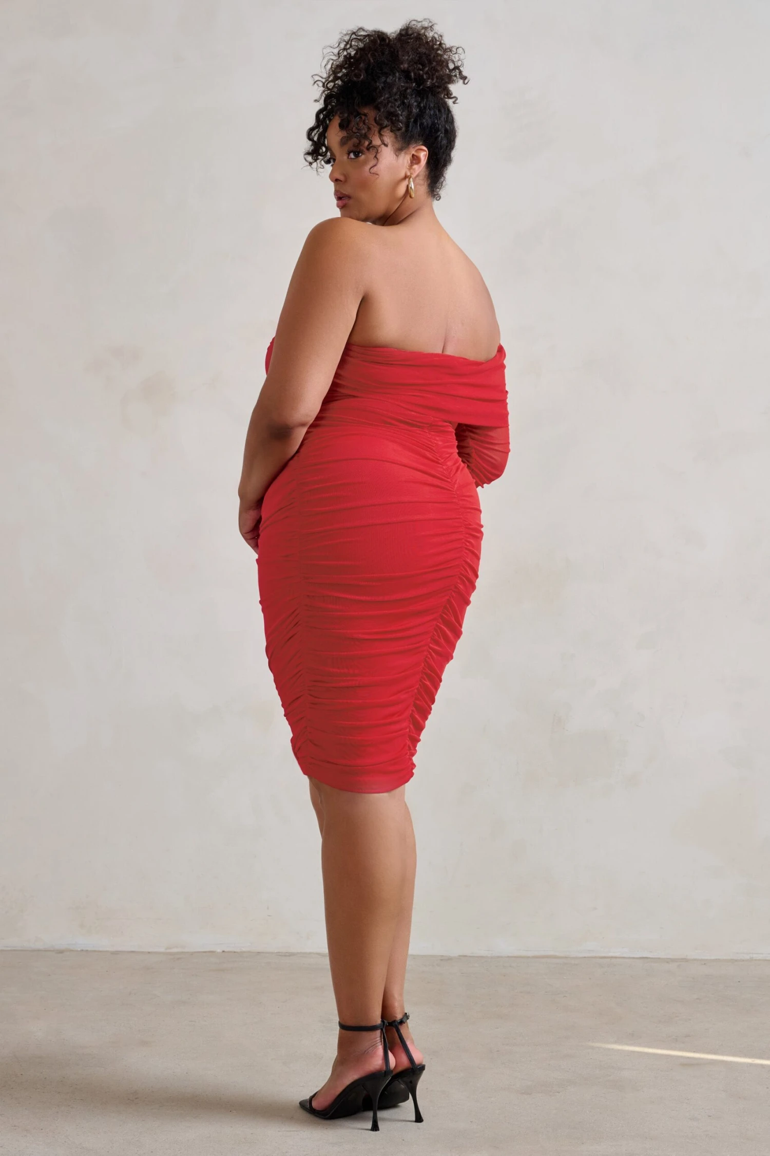 Bijou | Red Asymmetric Bardot Mesh Ruched Midi Dress - Image 4
