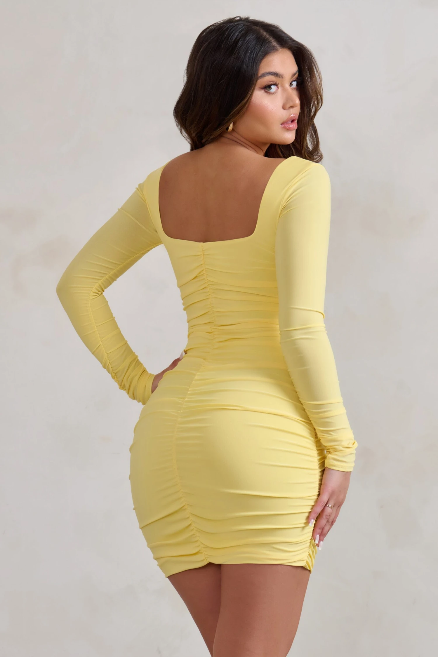 Muse | Lemon Long Sleeve Square Neck Ruched Mini Dress - Image 2