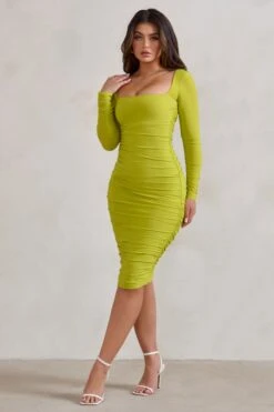 Seductress | Acid Lime Long Sleeve Square Neck Ruched Midi Dress