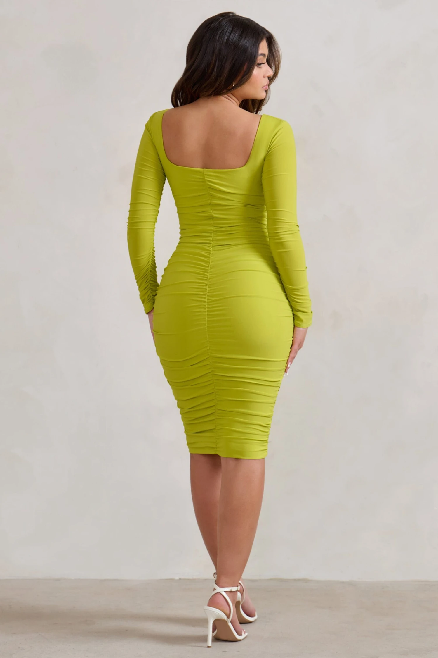 Seductress | Acid Lime Long Sleeve Square Neck Ruched Midi Dress - Image 2