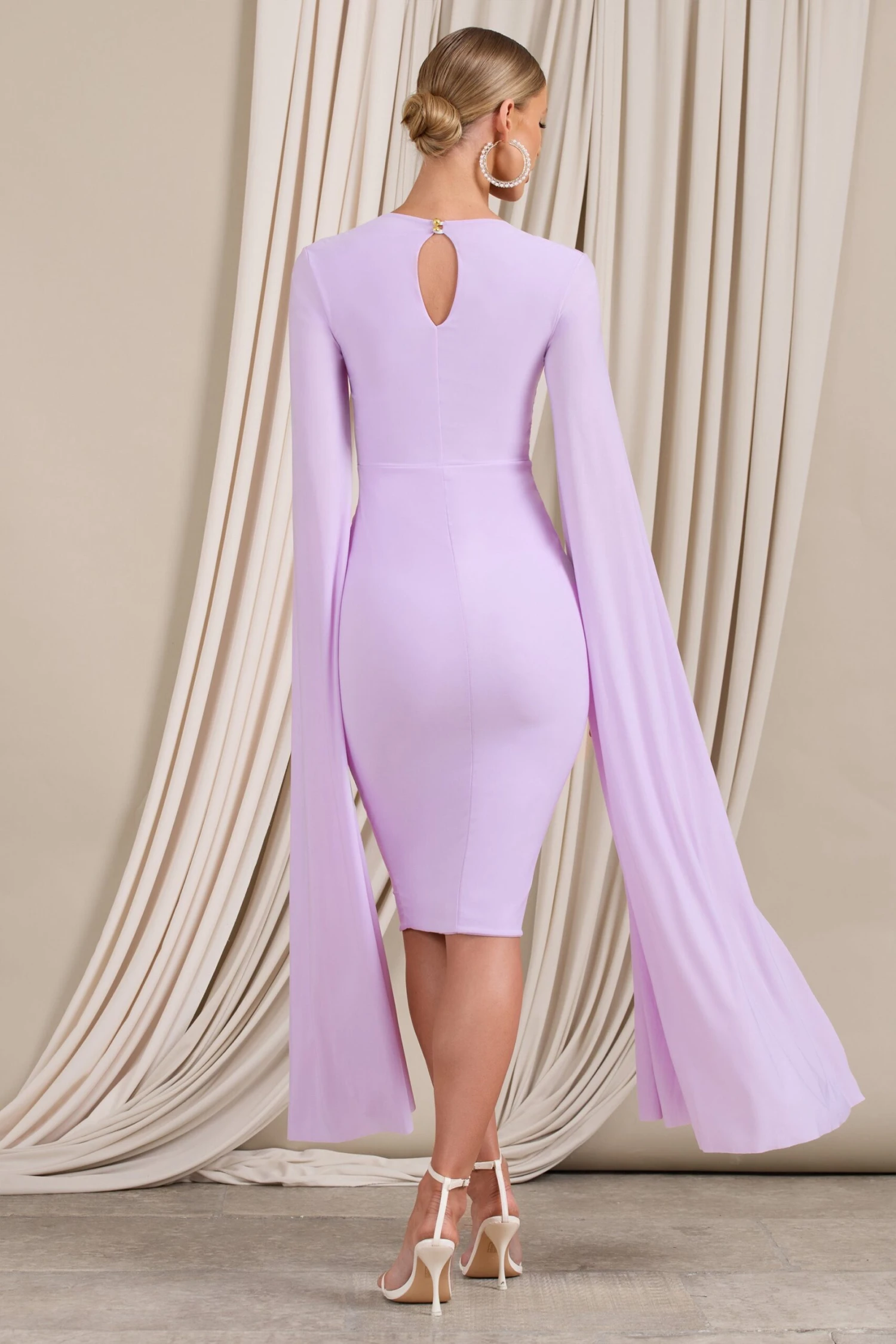 Flawless | Lilac Square Neck Midi Dress With Cape Sleeves - Image 2