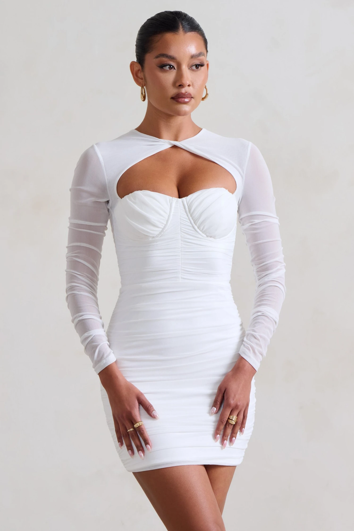 Daiquiri | White Ruched Cut Out Mesh Mini Dress With Long Sleeves - Image 5
