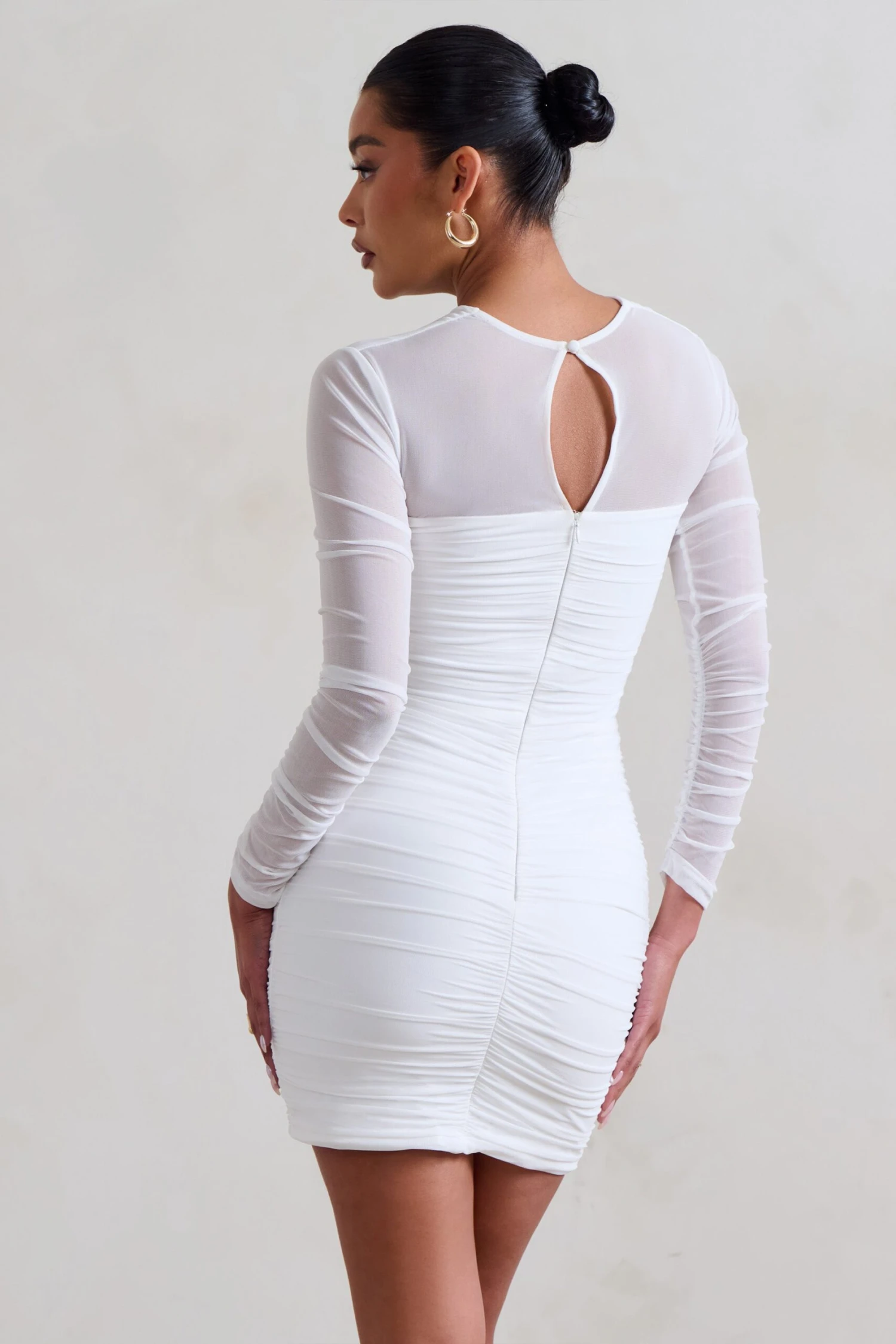 Daiquiri | White Ruched Cut Out Mesh Mini Dress With Long Sleeves - Image 2