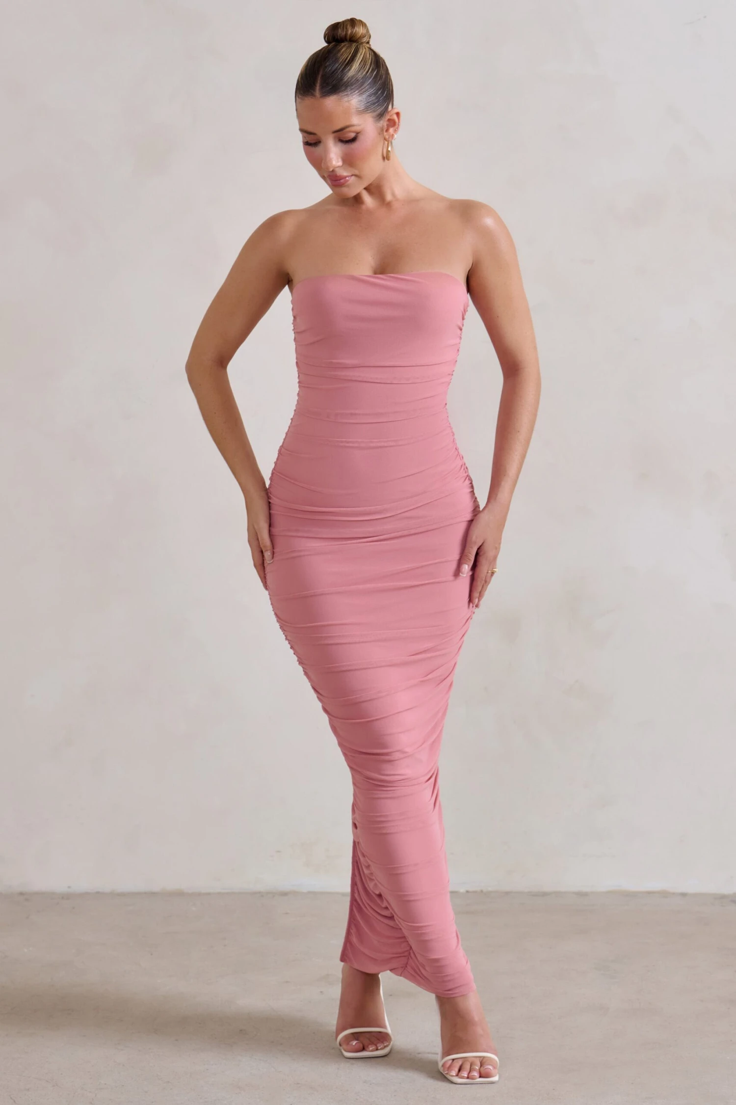 My Lady | Powder Pink Strapless Bodycon Ruched Mesh Maxi Dress - Image 4